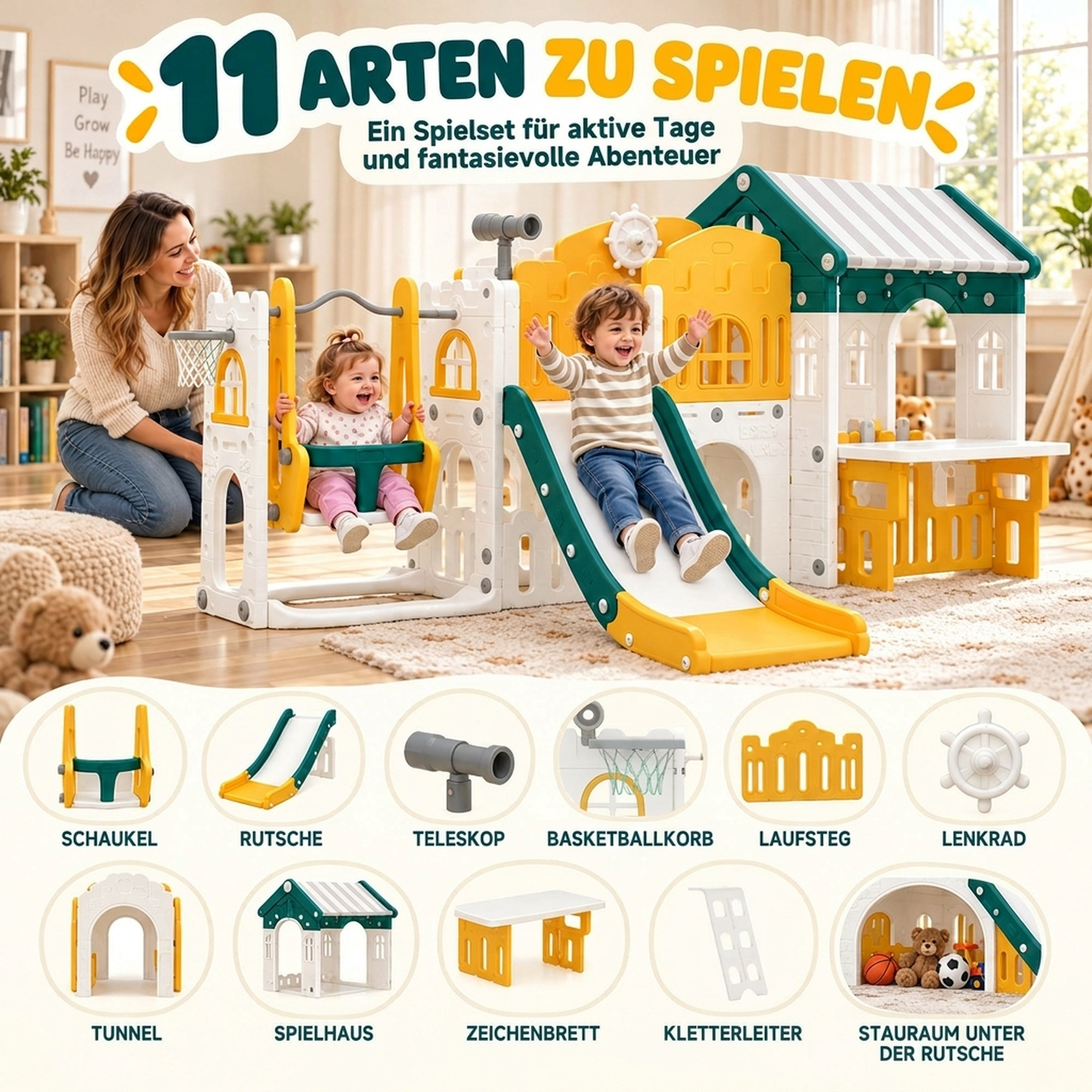 11 in 1 Kinderrutsche mit Schaukel Spielhaus Gartenrutsche mit Tunnel Basketballkorb Fernrohr Lenkrad Maltafel