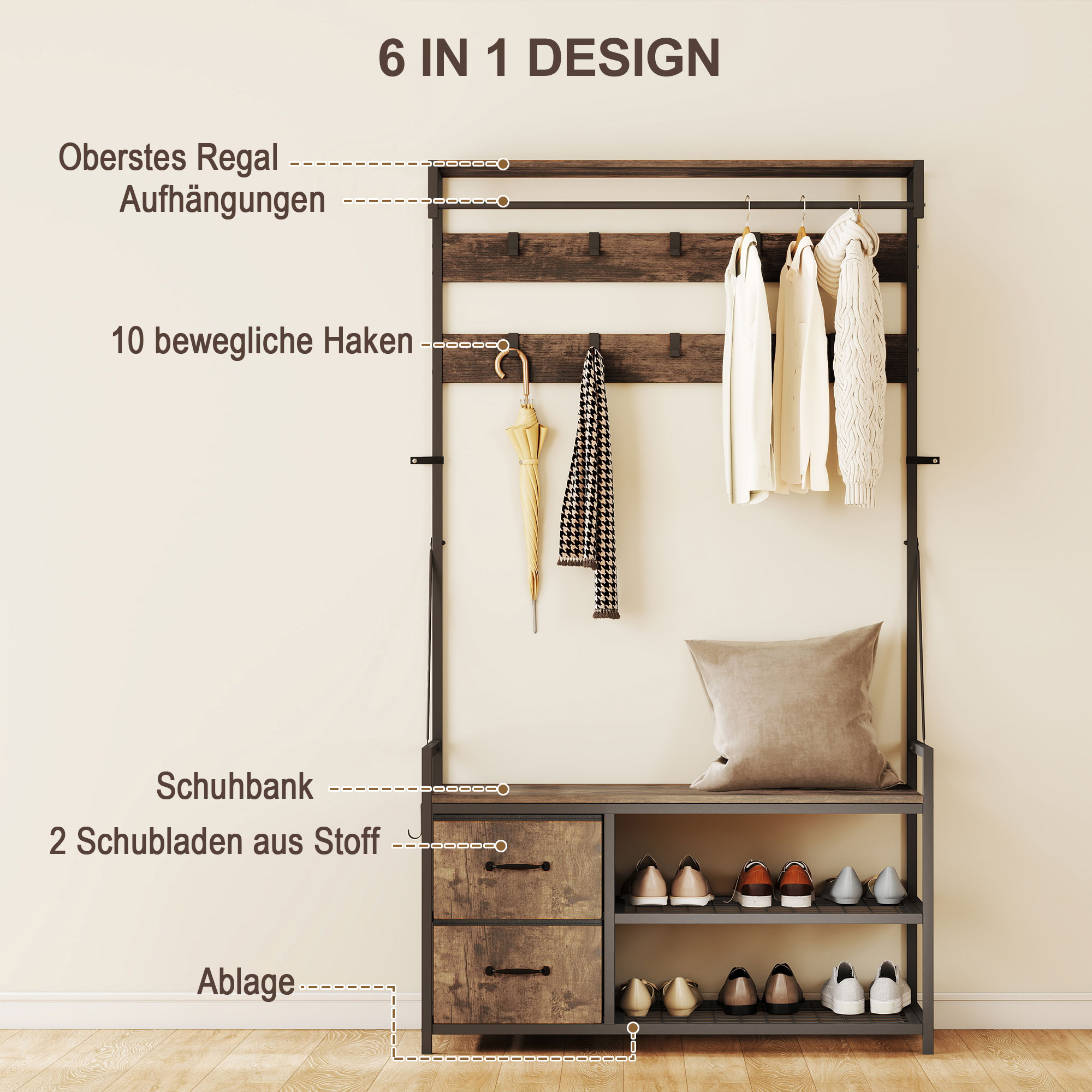 6-in-1 Garderobenständer mit Schuhregal, Industrie-Stil, 10 Haken, 2 Stoffschubladen, Metall, Braun