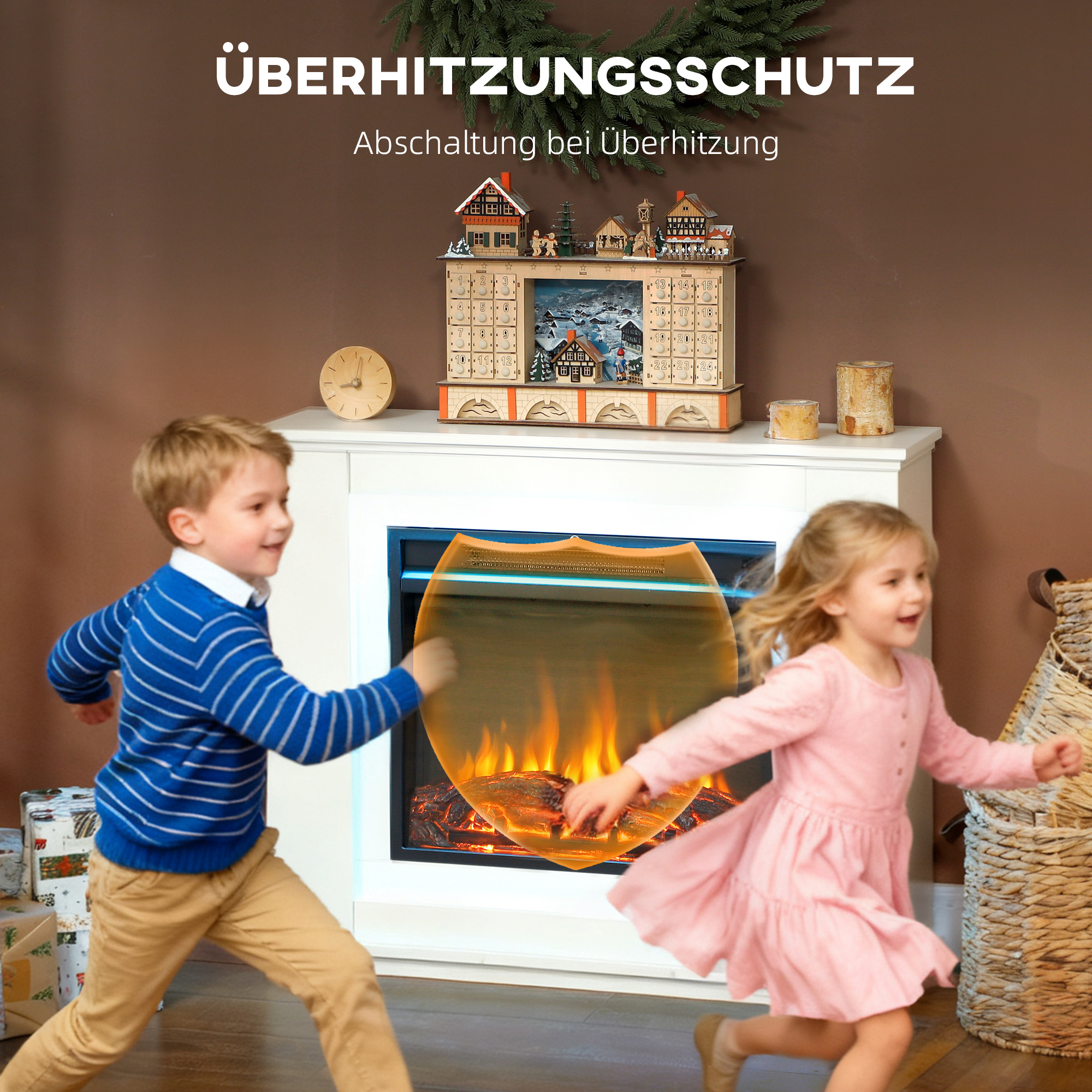 Elektrischer Kamin, realistische Flammen mit 12 Farben, 5 Helligkeitsstufen, Fernbedienung, Timer, Schwarz