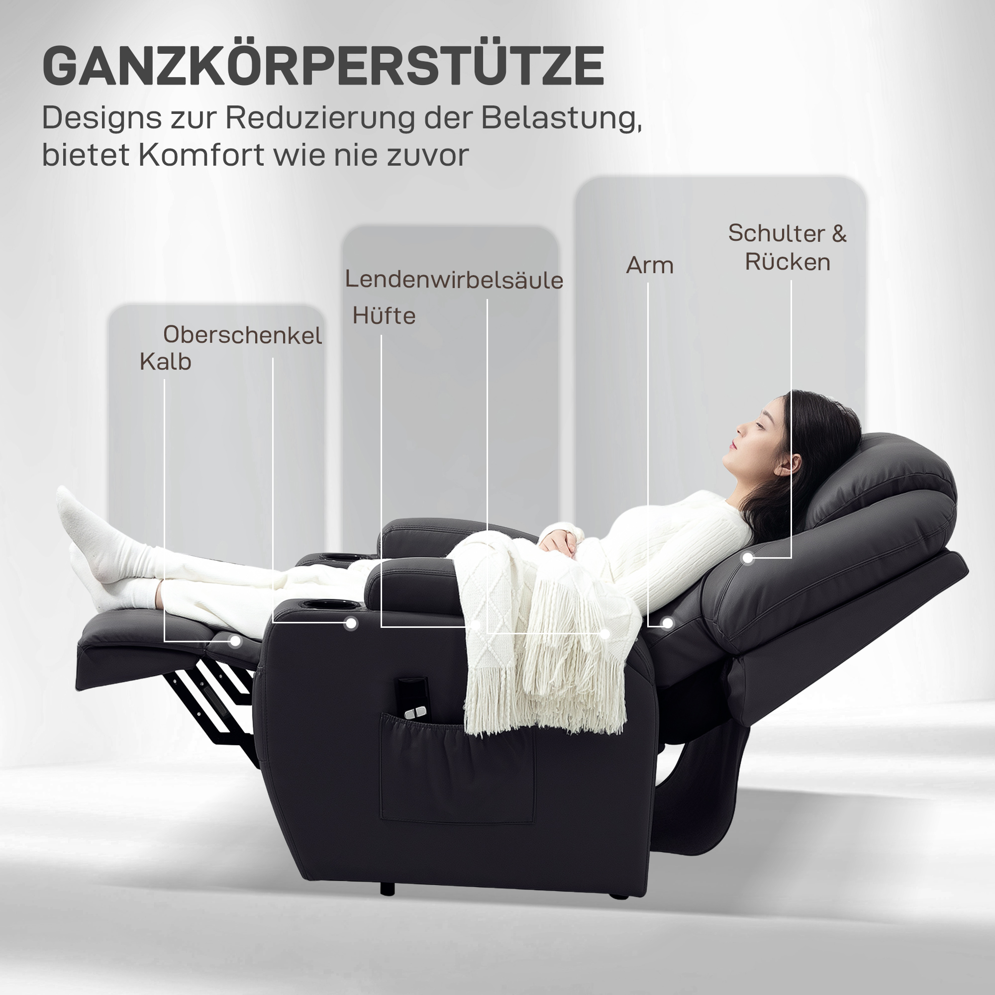 Fernsehsessel mit Aufstehhilfe Elektrisch Relaxsessel mit Liegefunktion, Fernbedienung TV-Sessel mit Becherhalter Seitentasche Fußteil Kunstleder Schwarz