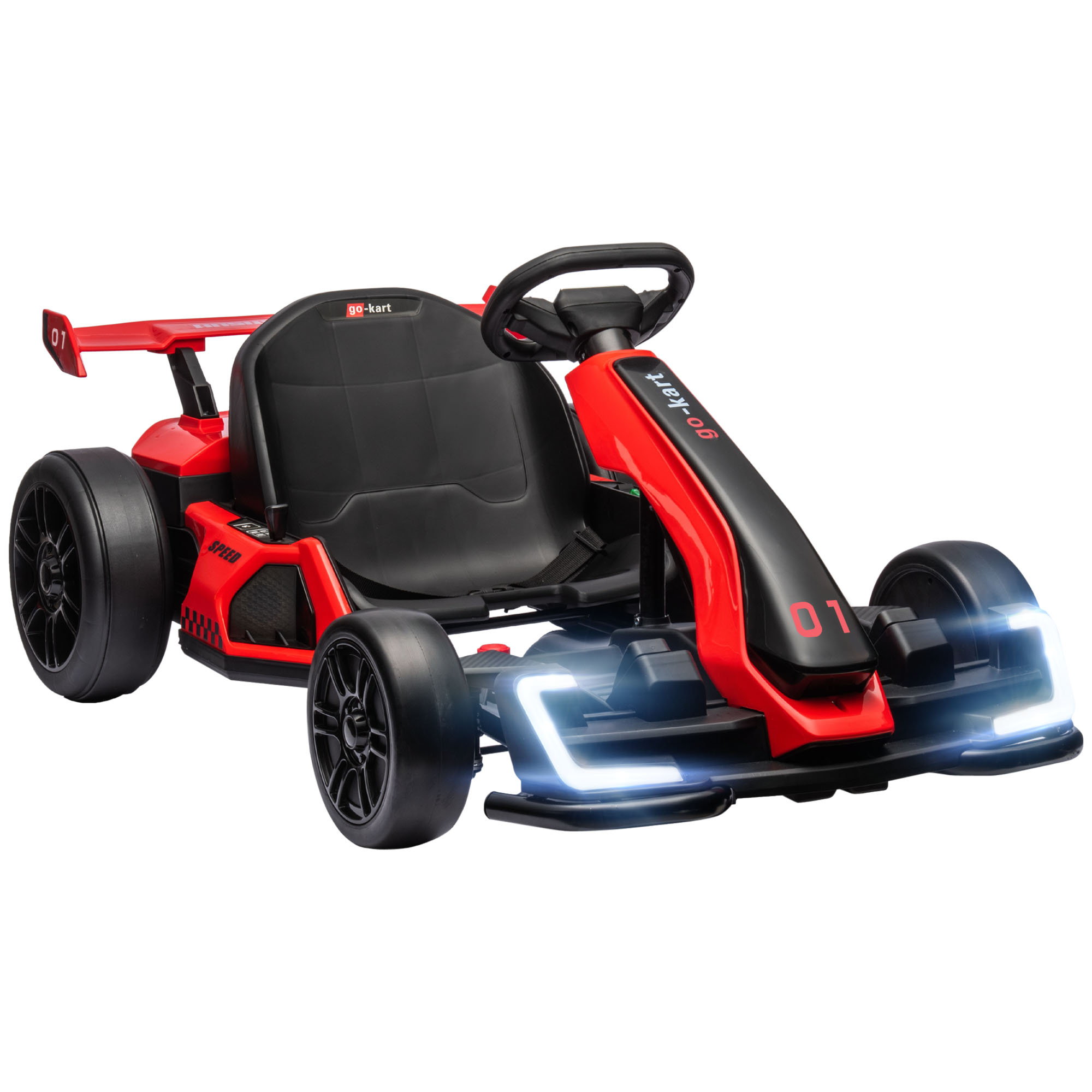 Go-Kart für Kinder, Elektro-Kart mit Hupe und Musikfunktion, verstellbarer Sitz, bis 12 km/h, Kunststoff, Metall, Rot