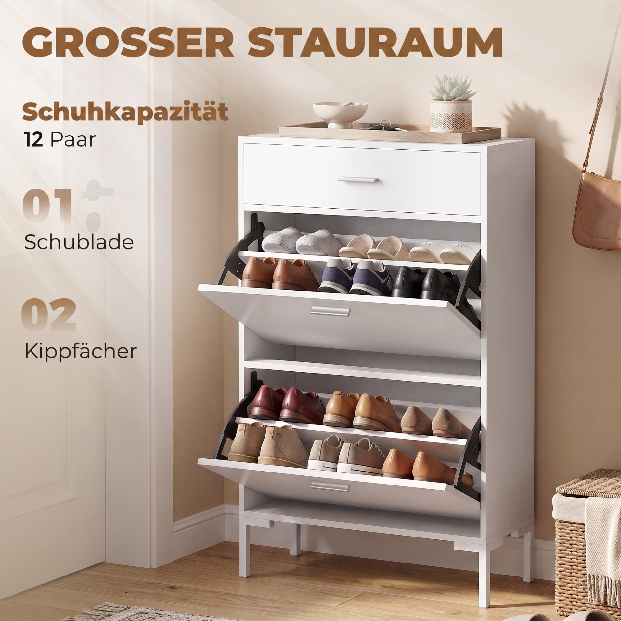 moderner Schuhschrank für bis zu 12 Paar Schuhe mit 2 Klapptüren, Schublade und verstellbarem Einlegeboden, Weiß