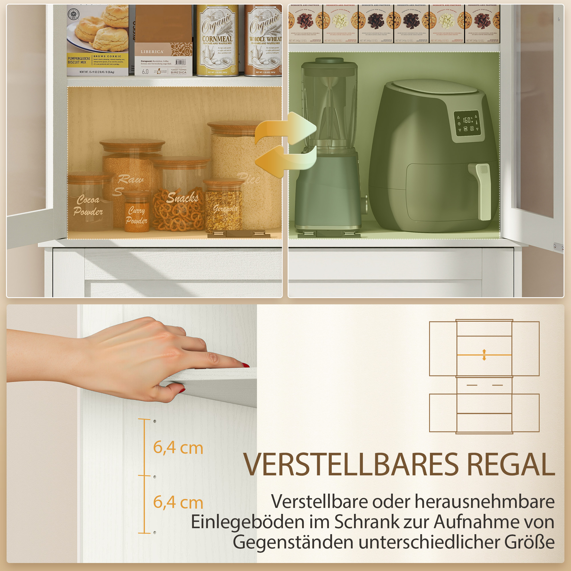 freistehender Küchenschrank, Vorratsschrank mit verstellbaren Regalböden und Schublade für Wohnzimmer, Esszimmer