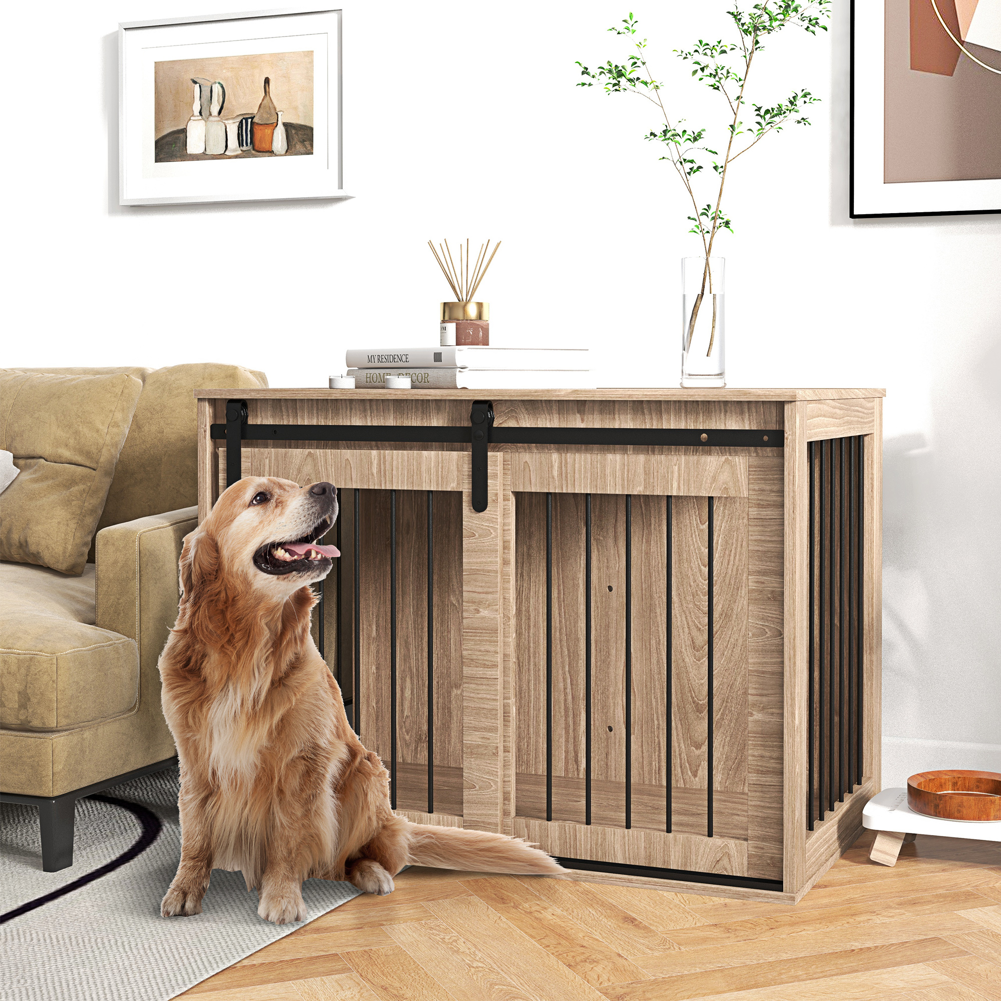 Hundebox Hundekäfig, Verriegelbar, Holzoptik, rustikales Design, 98 cm x 58 cm x 61 cm, Walnuss + Schwarz
