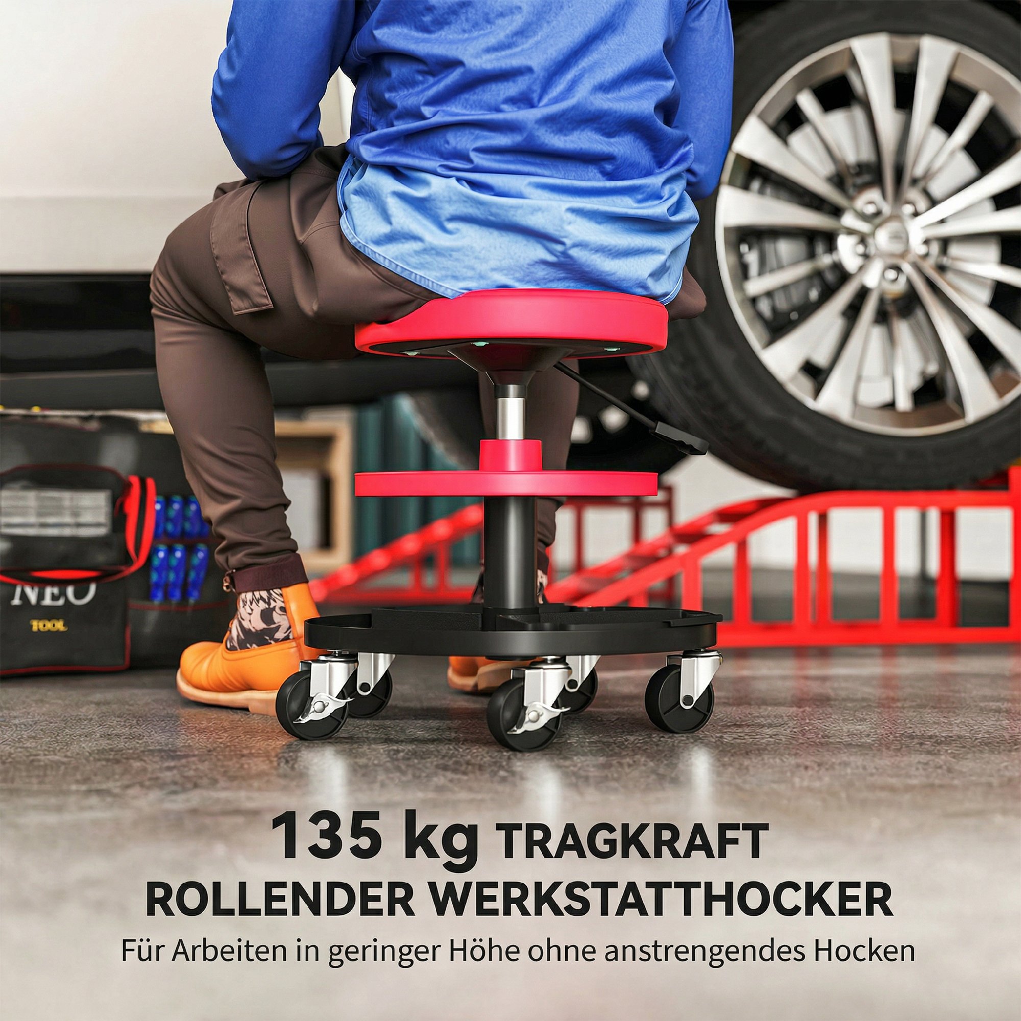 Werkstatthocker mit Rollen Tabletts höhenverstellbar 40-51cm Rollhocker bis 135 kg belastbar Rot