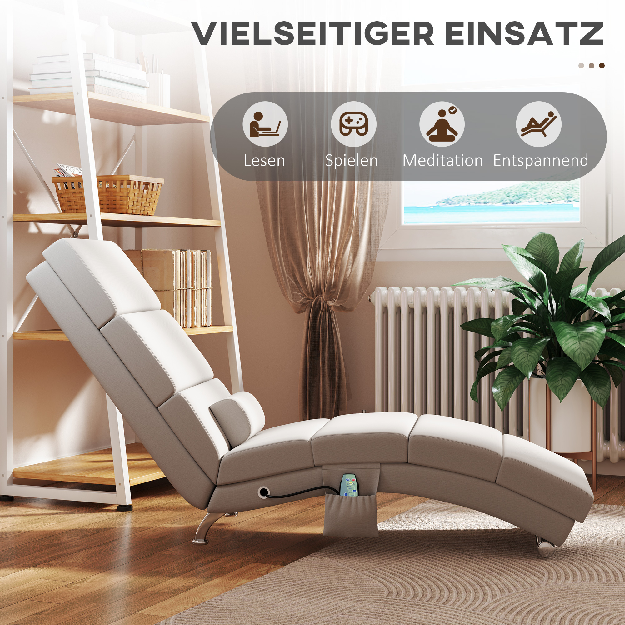 Relaxsessel Elektrisch Massagesessel mit Liegefunktion Wärmefunktion Vibration Lendenkissen 56 x 168 x 84 cm Cremeweiß