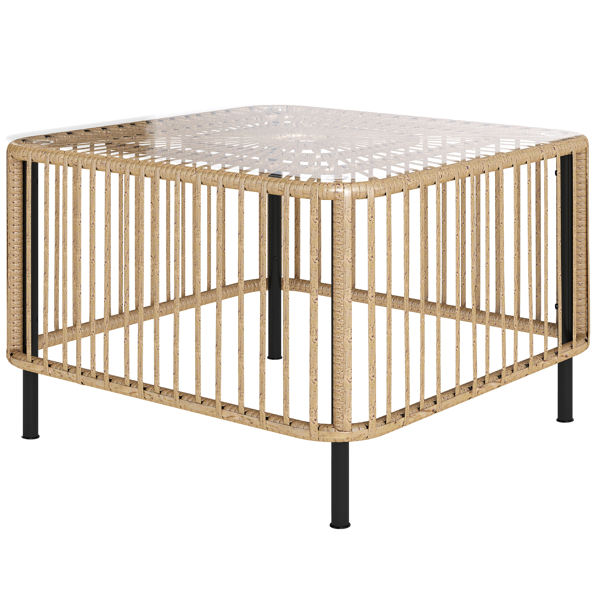 Polyrattan Gartentisch, 65 x 65 x 43 cm, wetterfest Beistelltisch quadrarisch mit Glasplatte Naturholz