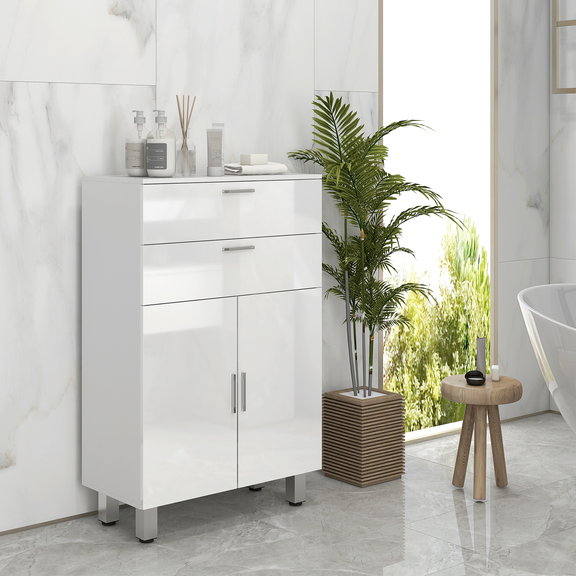 Badezimmerschrank, Badkommode, 2 Schubladen, verstellbares Regal, Holz, Weiß