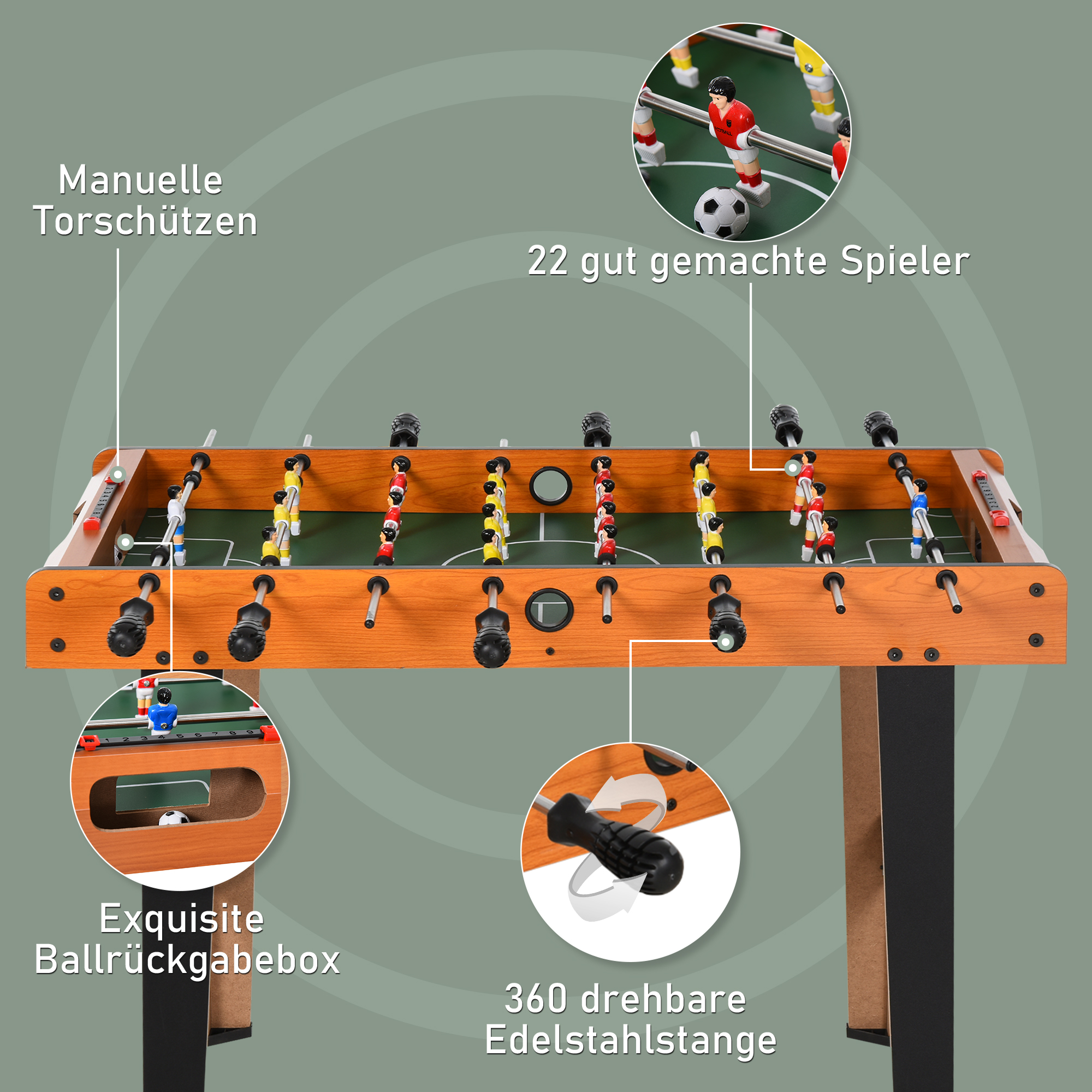 Tischkicker Kickertisch mit Edelstahlstangen, Für Jugendliche und Erwachsene, 84,5x40x61,2 cm, Schwarz