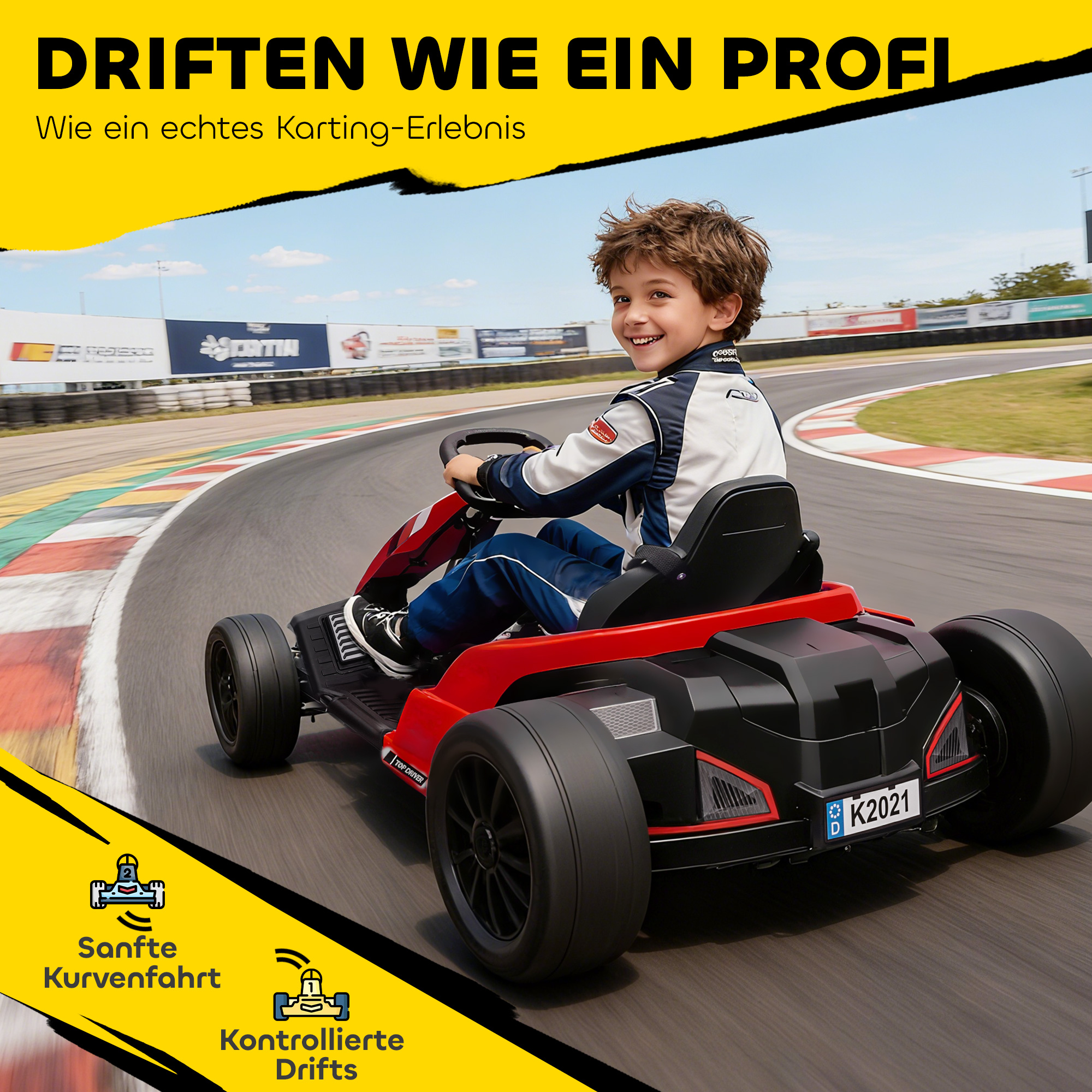 24V Elektrisches Go-Kart, Drift-Modus, verstellbarer Sitz, 5-Punkt-Sicherheitsgurt, Musikfunktion, 6-12 Jahre Rot