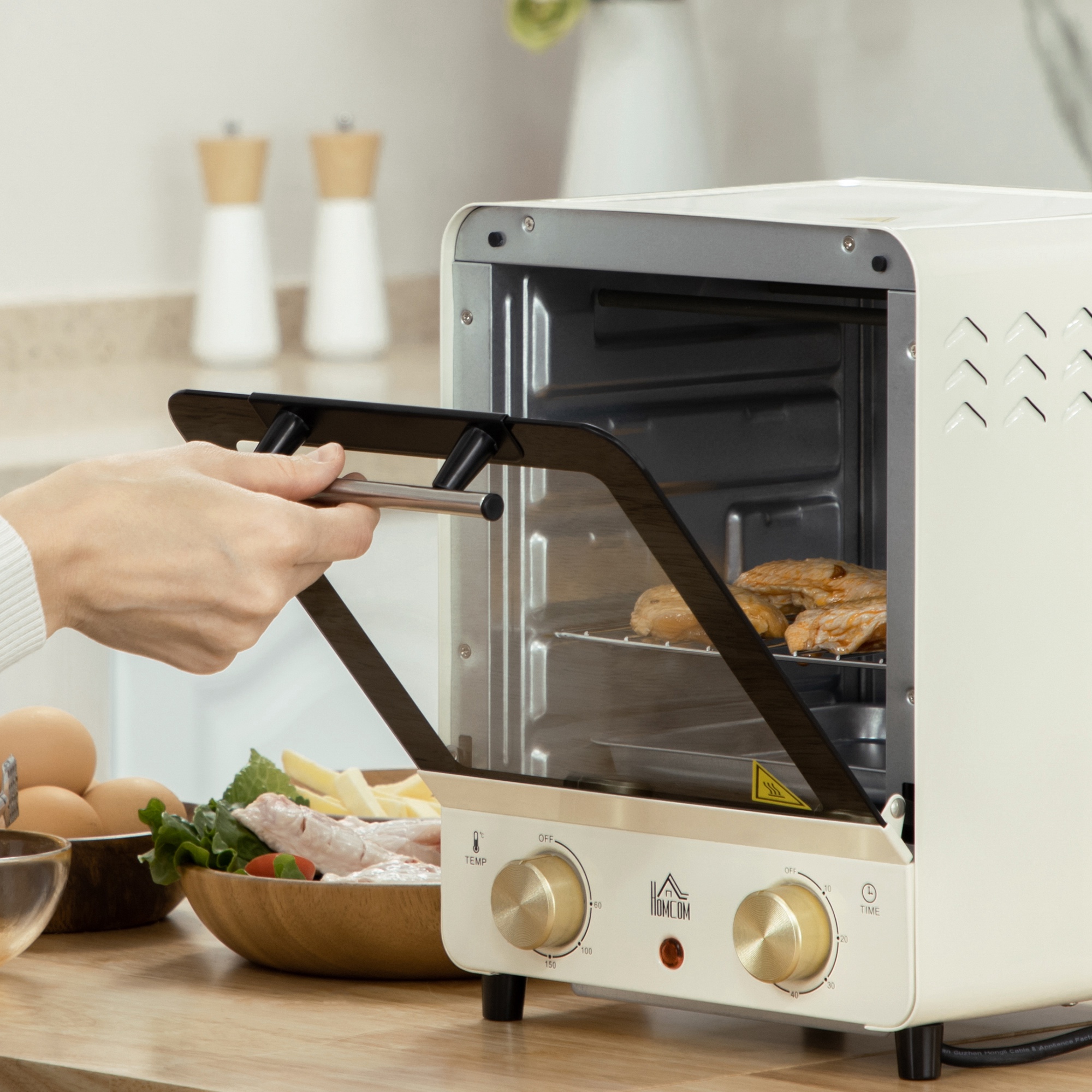 Mini Ofen 15L Fassungsvermögen, höhenverstellbares Backblech und Gitterrost, 1000W, Cremeweiß