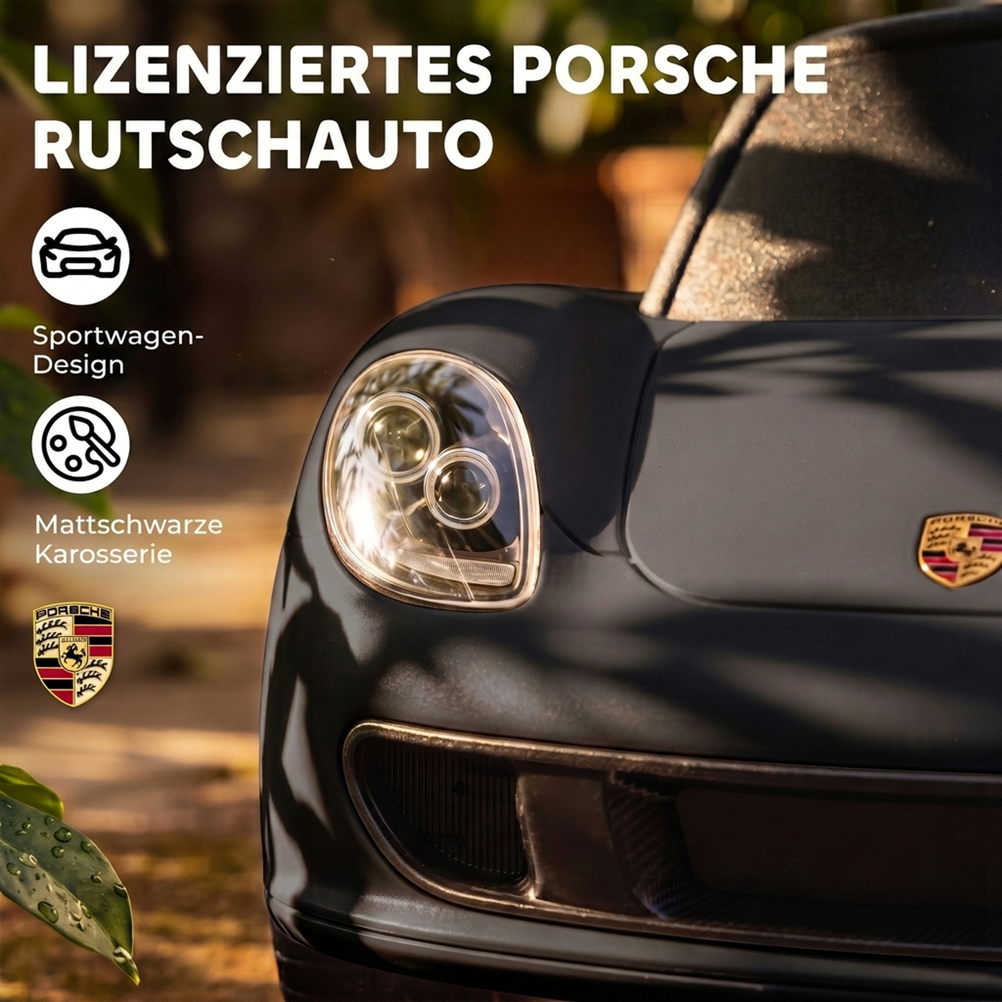 Rutschauto Kinder Porsche Rutschfahrzeug mit Hupe Licht Motorgeräuschen, für 18–36 Monate, Mattschwarz