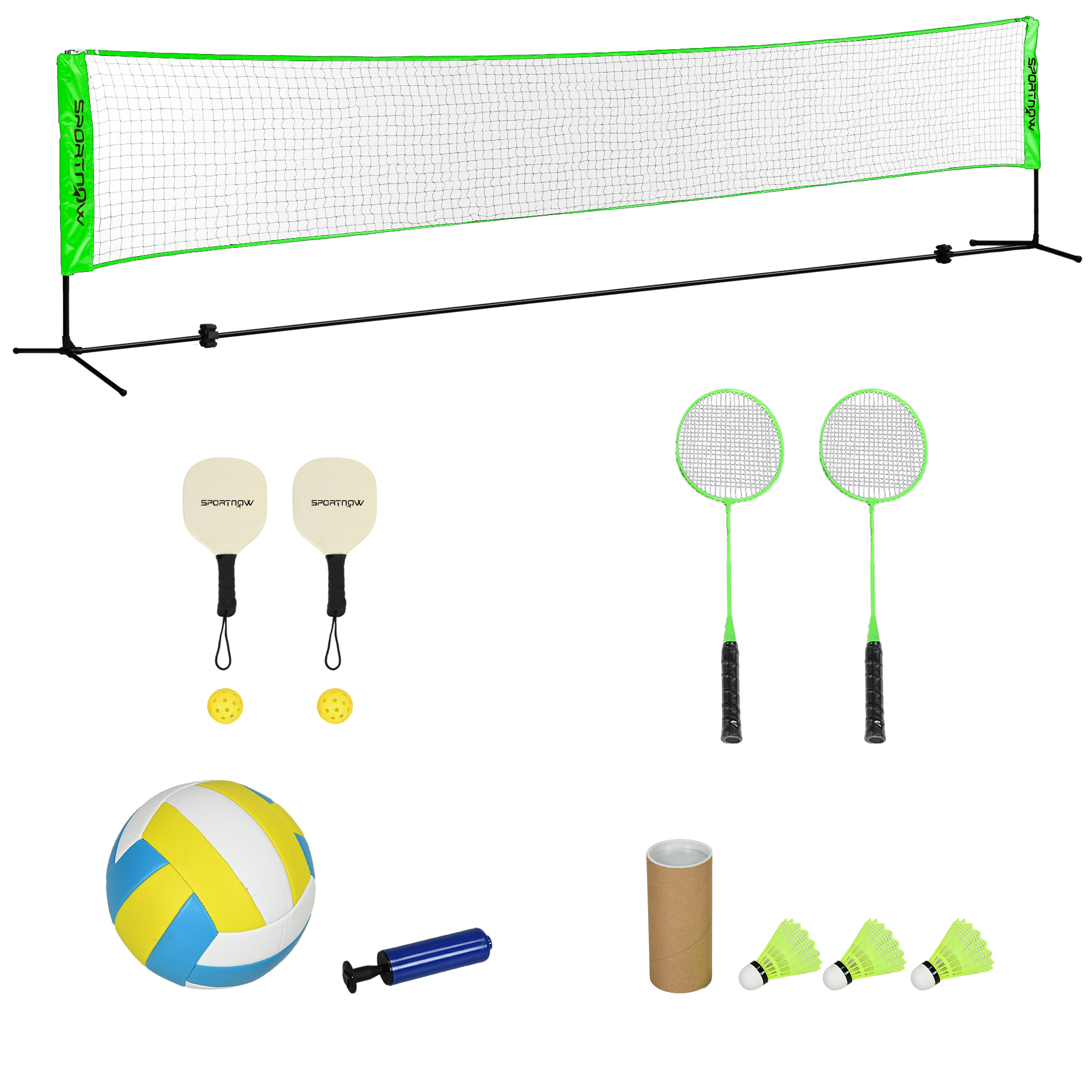 Badminton-Set mit 2 Schlägern, 3 Federbällen, höhenverstellbar 107-155 cm, Schwarz-Grün