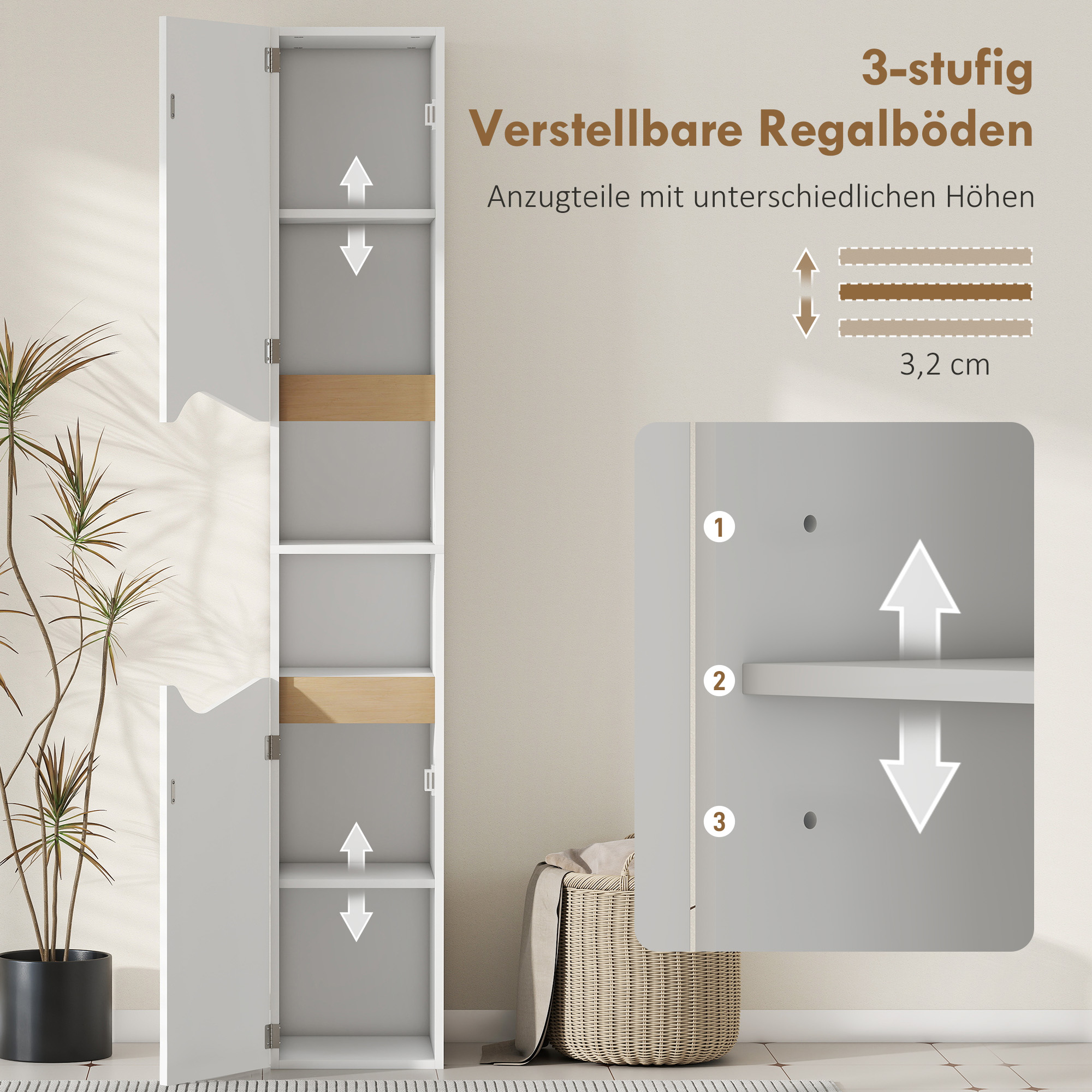 Badezimmerschrank Schmal Hochschrank mit 2 Türen, 2 Offenen Fächern, für Badezimmer 30 x 34,6 x 182 cm Weiß