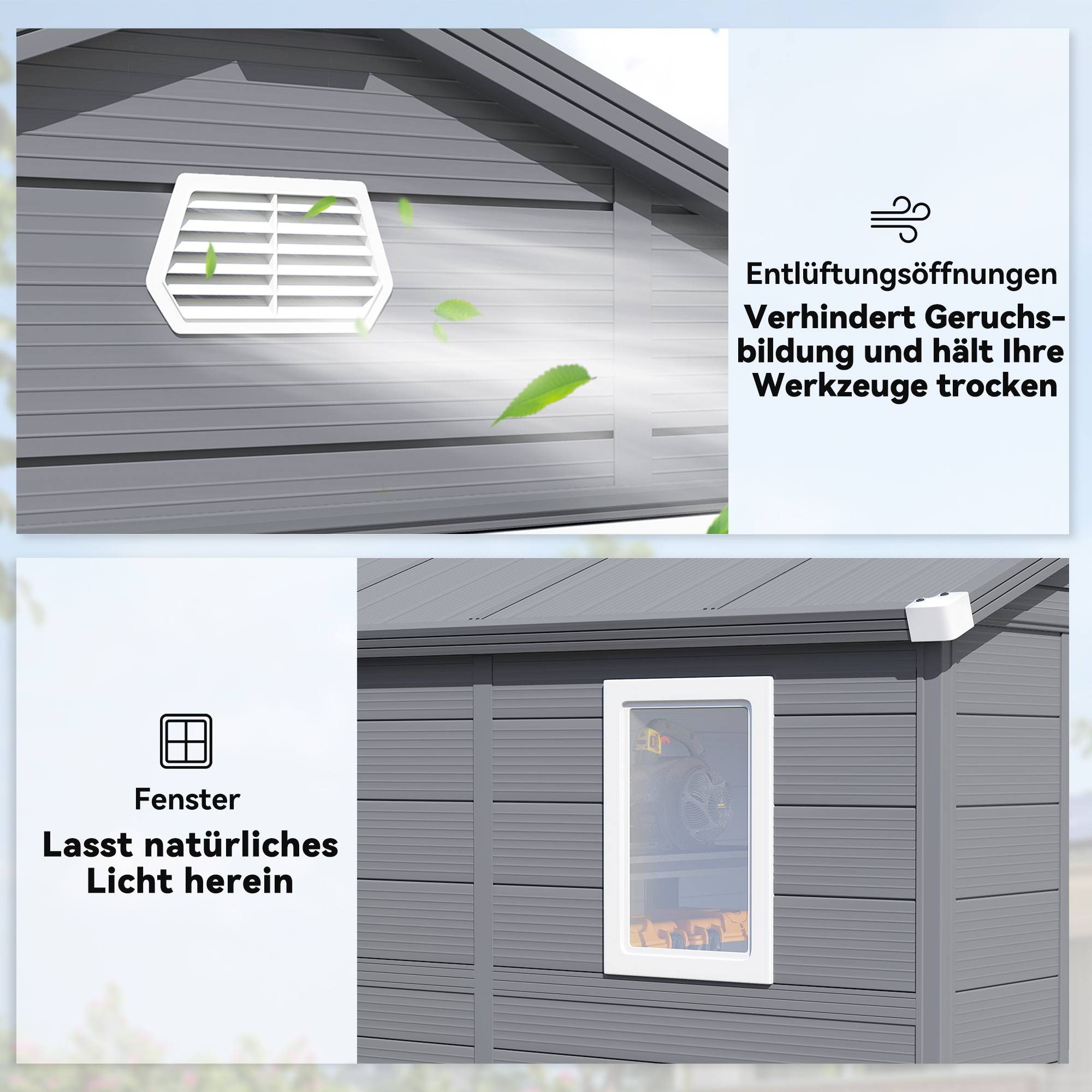 Gerätehaus, Gartenhaus, Geräteschuppen mit Lüftungsfenster, Kunststoff, Metall, 240 x 190 x 180/228, Grau