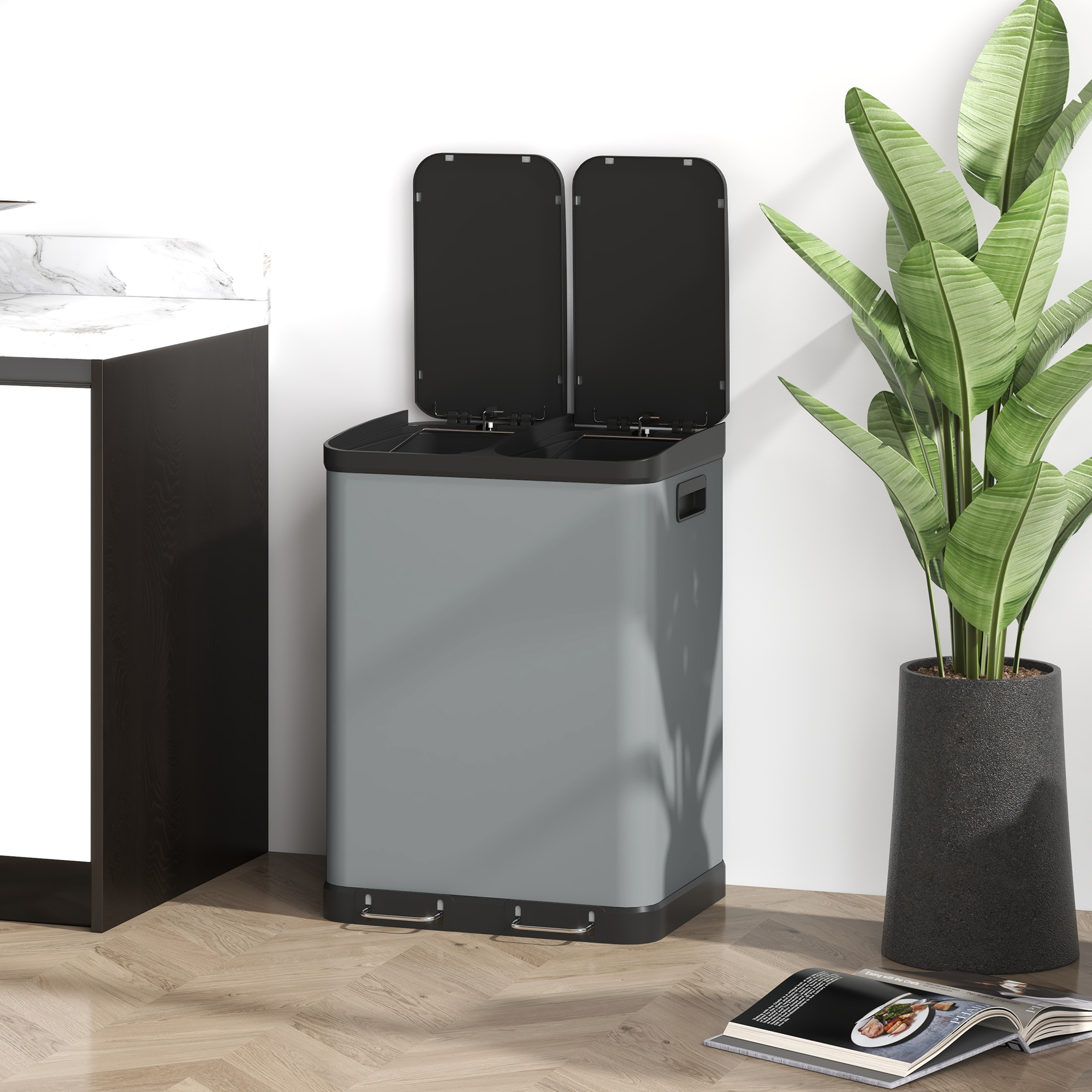 Doppelfach-Mülleimer, 2 x 30L, fingerabdruckresistent, Pedal, herausnehmbare Inneneimer, Grau