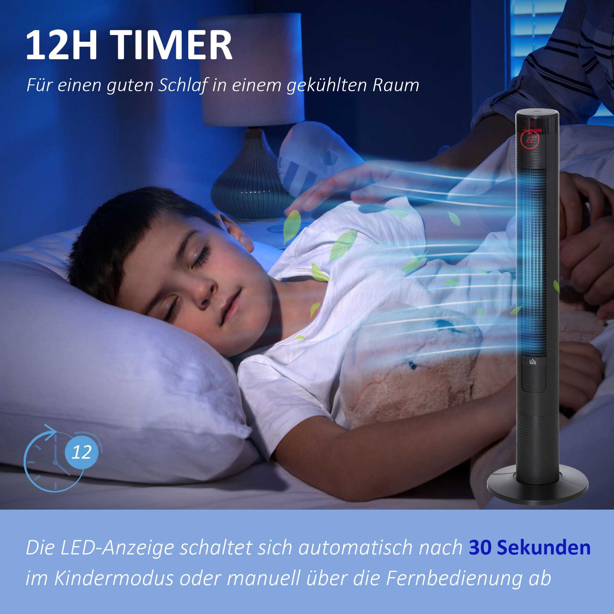 Turmventilator leise mit Fernbedienung 117 cm 70° Oszillierende Ventilator Standventilator mit 4 Modi, 3 Geschwindigkeiten, 12 Std.-Timer, LED-Anzeige, Schwarz