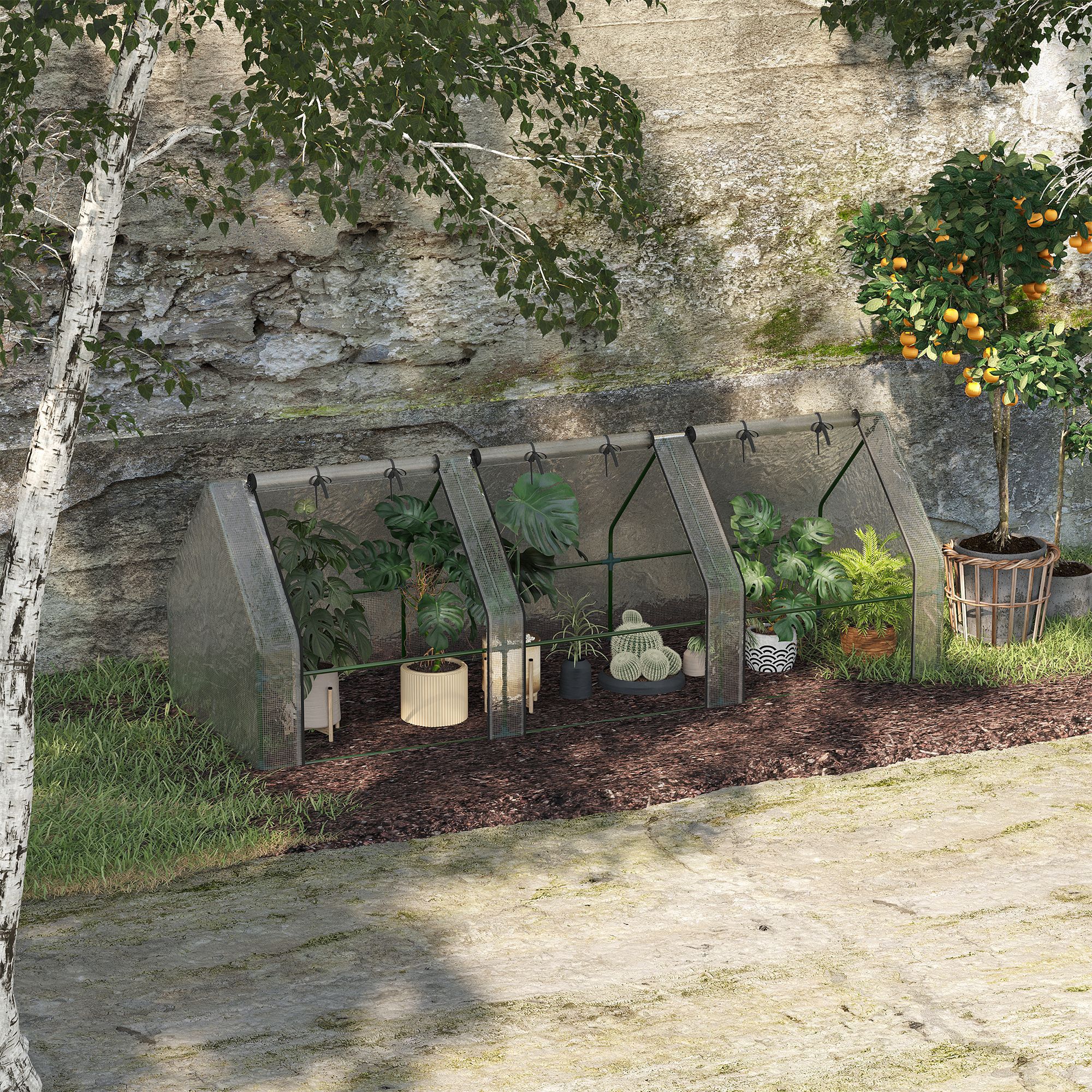 Gewächshaus mit 3 Rollfenster, PE-Gitterfolie, Foliengewächshaus aus Stahl, Treibhaus für Balkon, Garten, Tomatenhaus 270x90x90cm, Tomatengewächshaus für Gemüse, Blumen, Pflanzen, Weiß