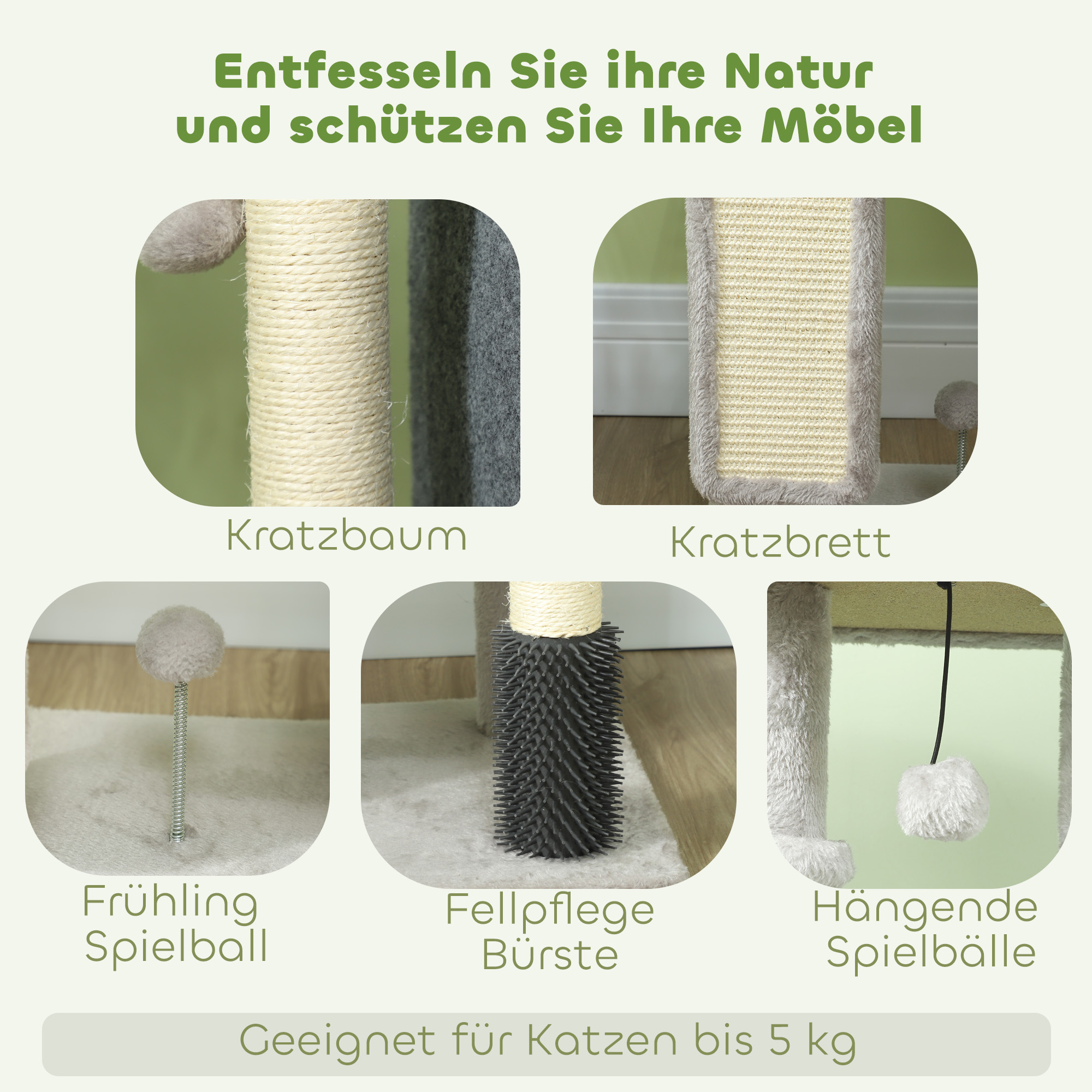 Kratzbaum 104 cm Katzenbaum mit Katzenhöhle Bett Sisal-Kratzsäulen Kratzbrett Plüschbälle für Katzen bis 5 kg Hellgrau