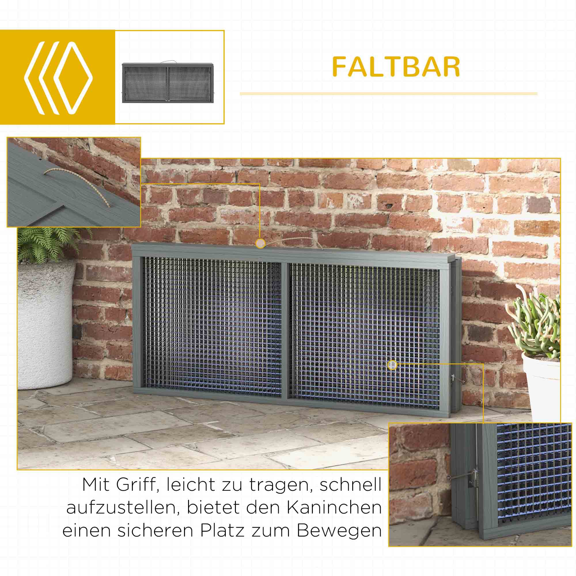 Kleintierkäfig, Kaninchenstall, aufklappbares Dach, Tannenholz, 110 x 105 x 50 cm, Grau