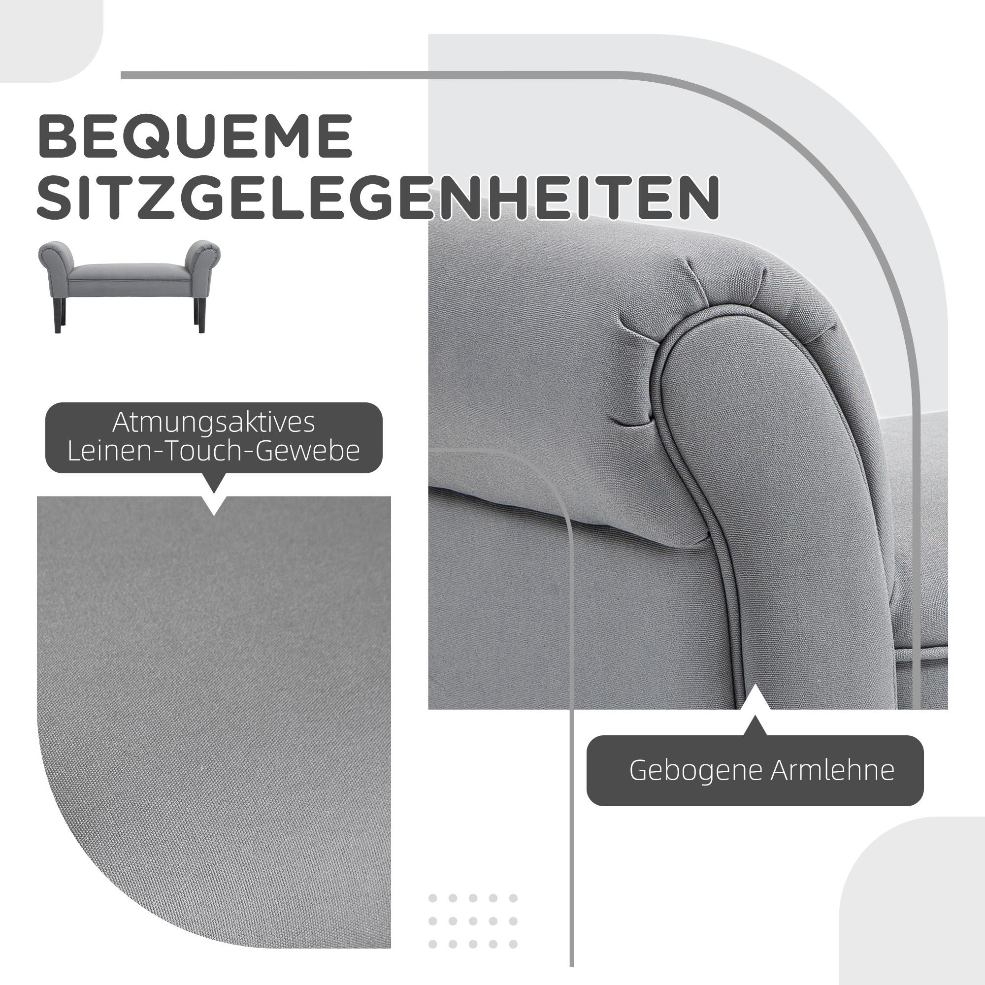 Sitzbank, Bettbank, robuste Bauweise, weiche Polsterung, 102x36x51 cm, Grau