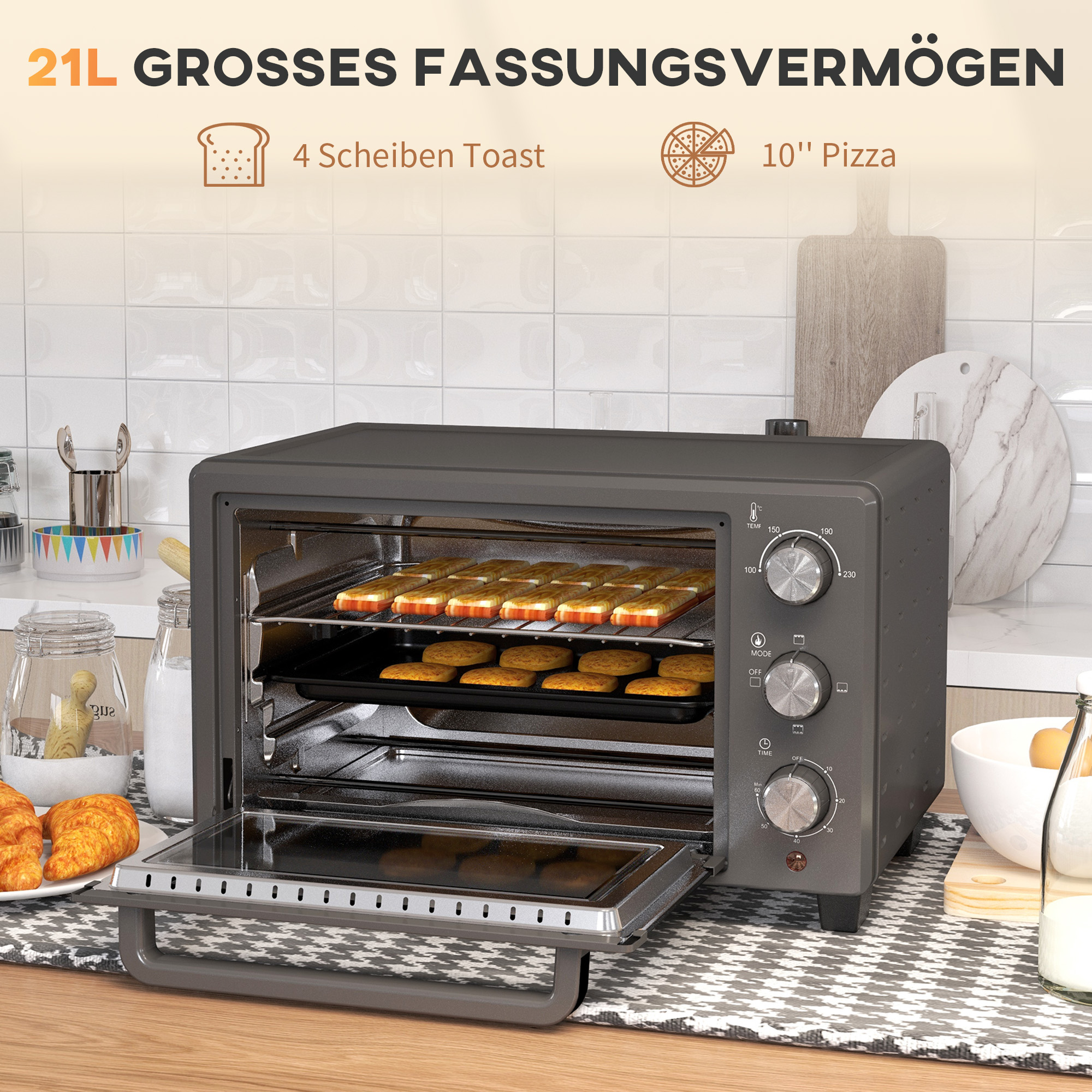 Minibackofen, 21 L Toasterofen mit 1 Drahtgestell und 1 Backblech, 3 Kochmodi, 100 °C-230 °C, Edelstahl, Glas, Grau