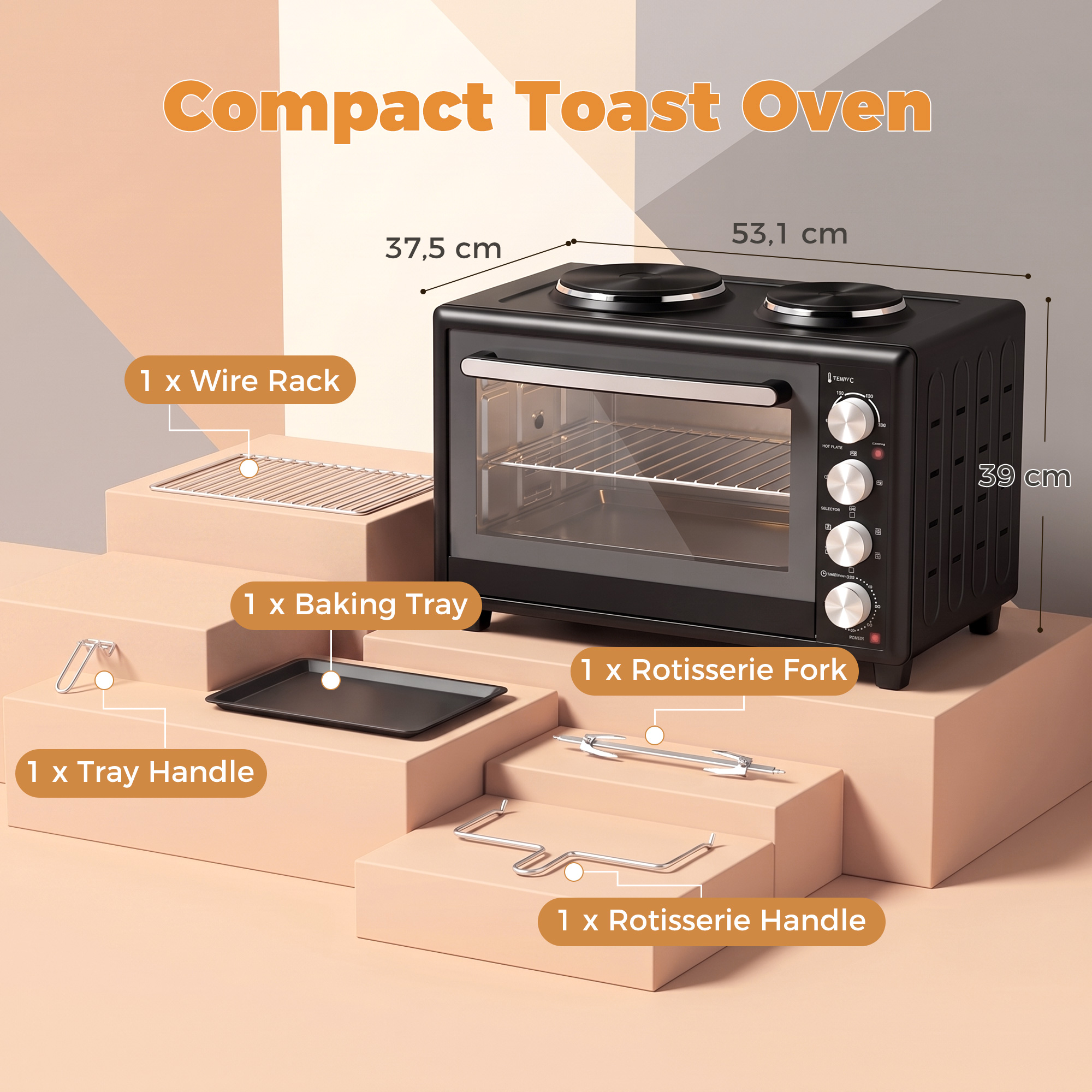 36L Mini-Backofen mit 2 Kochplatten, elektrischer Tischbackofen mit Umluft, 90–230 °C