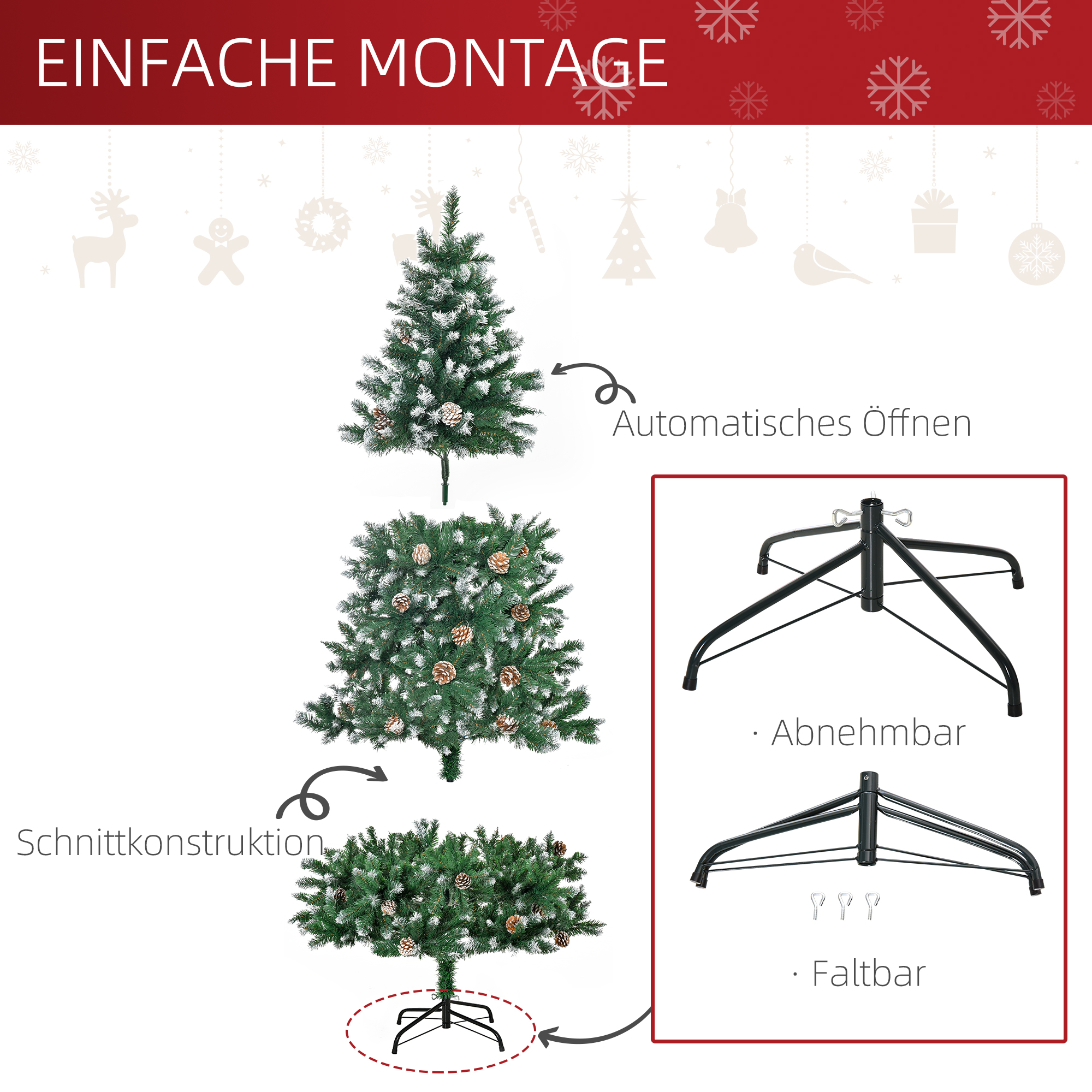 künstlicher Weihnachtsbaum 180 cm Kieferbaum künstlich mit 59 Zapfen, Schnee, 1111 Spitzen für drinnen