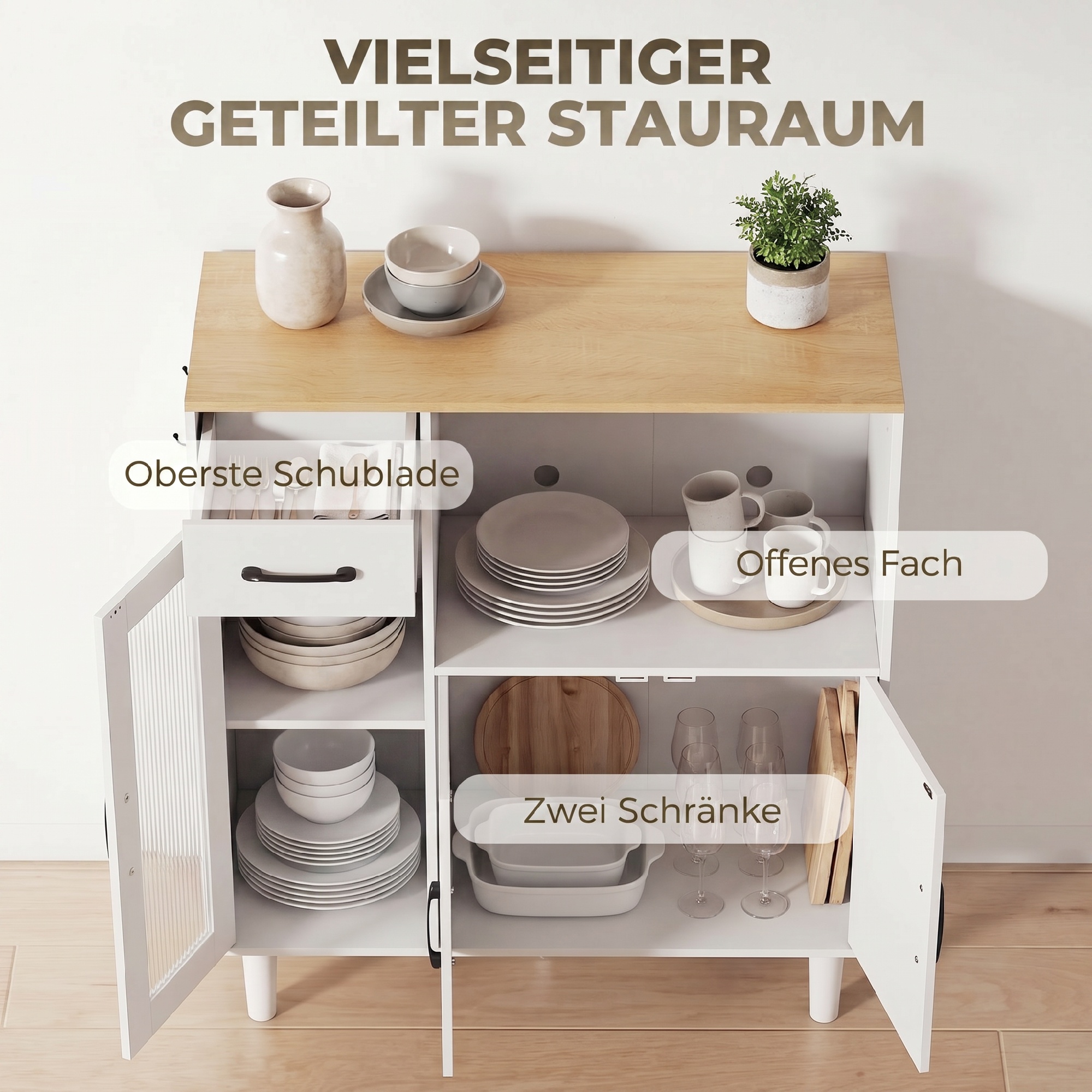 Sideboard Küchenschrank mit Schublade, 2 Schränken, Offenem Fach, geriffelter Acrylglastür 80 x 34 x 91 cm Weiß+Eiche