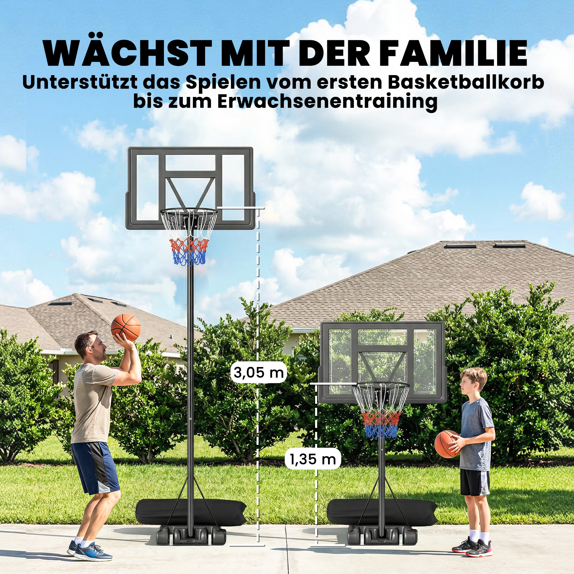 Basketballkorb Outdoor 135-305cm schnell Höhenverstellbar Basketballständer mit 110x70cm bruchsichere Rückwand 2 Rädern