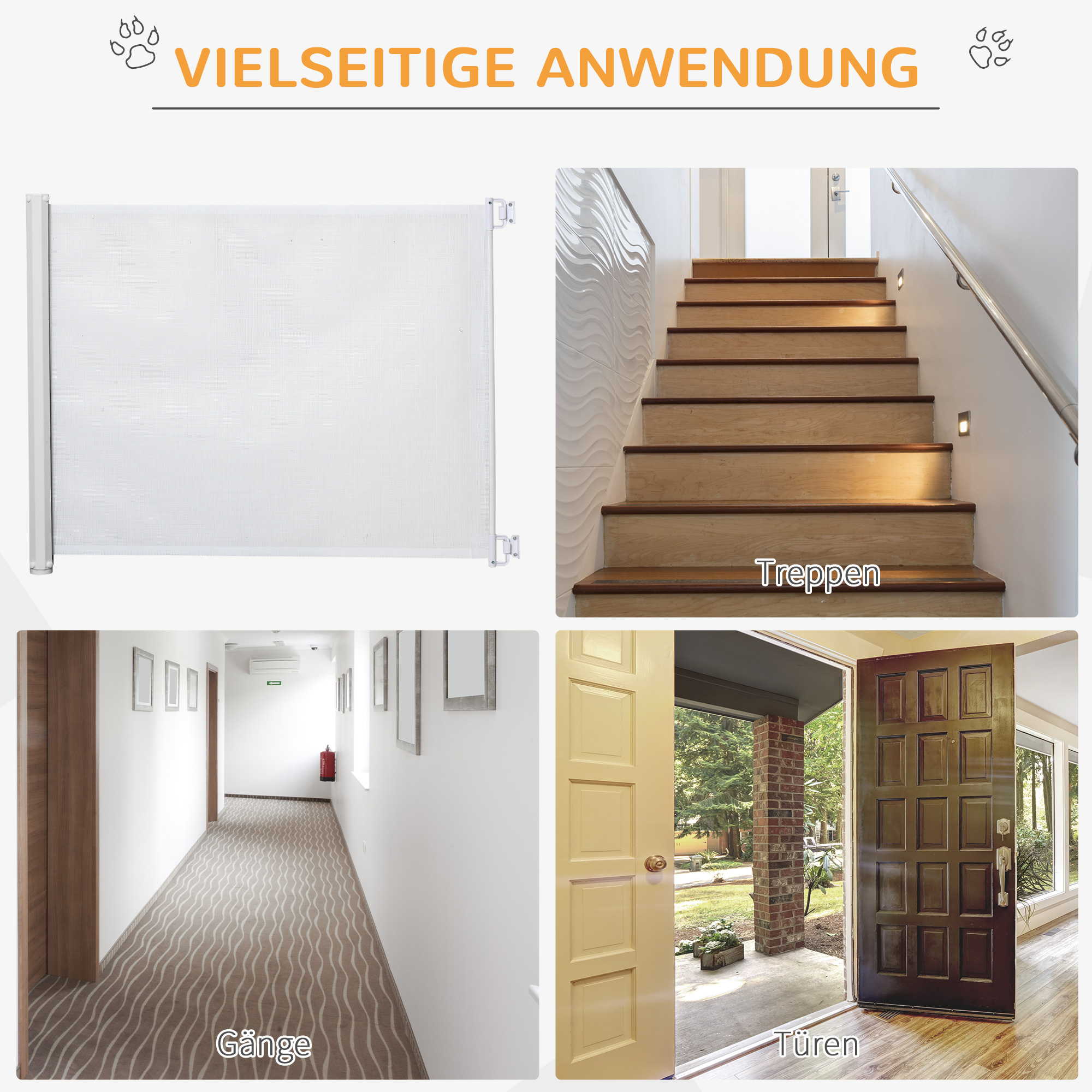 Treppenschutzgitter 115 cm Hunde Türschutzgitter Treppenschutz Sicherheitstrennwand Trennwand Türschutz ausziehbar treppenschutzrollo Rollo Einrollbar kunststoff Weiß