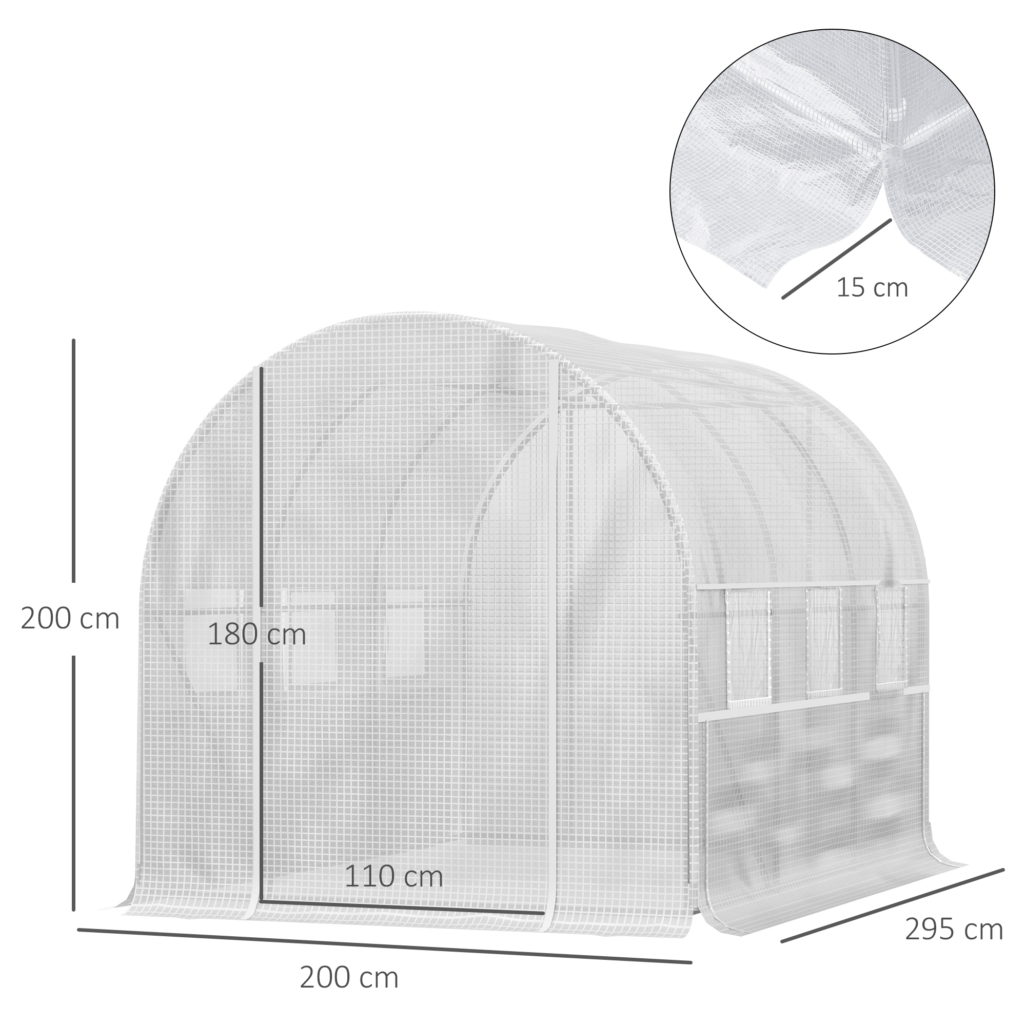 Foliengewächshaus, 6 aufrollbare Fenster, Tür mit Reißverschluss, rostfreier Stahlrahmen, 2,95 x 2 x 2 m, Weiß