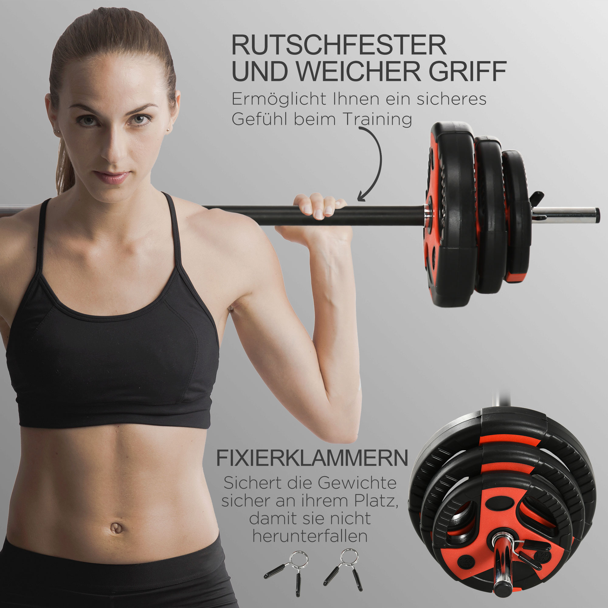 Langhantel-Set 20 kg, inkl. 6 Hantelscheiben, 2 x 5kg, 2 x 2,5kg, 2 x 1,25kg, rutschfeste Stange, schwarz+rot