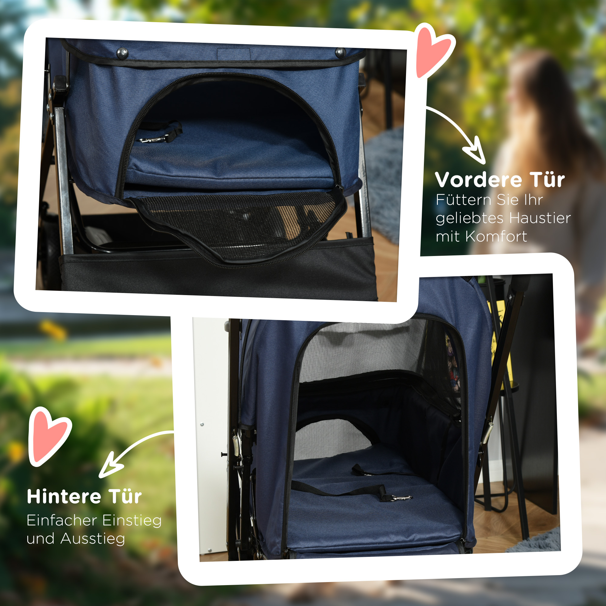 Hundewagen Hundebuggy bis 10kg verstellbares Vordach klappbar Bodenkorb 2 Bremsen Sicherheitsleine Blau