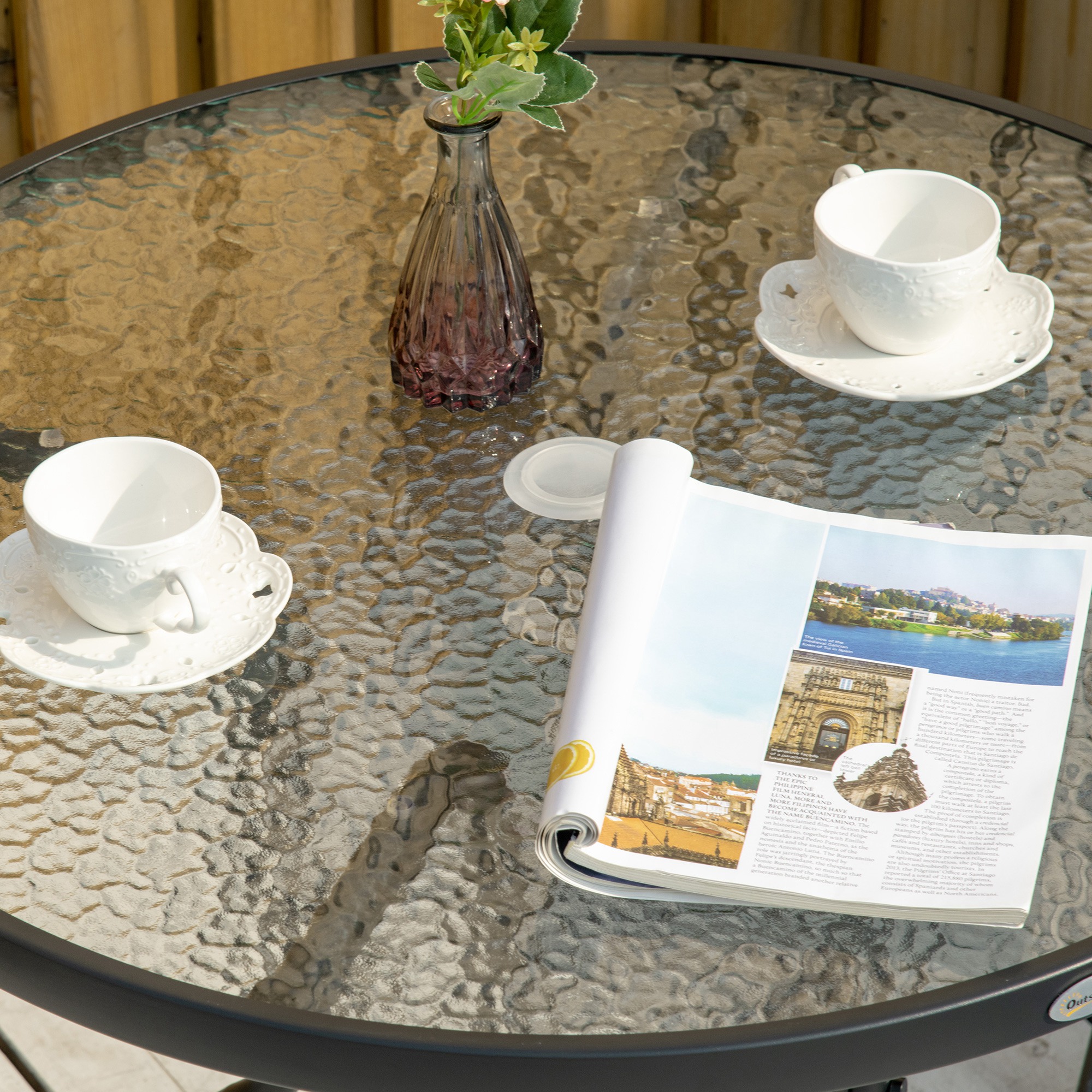 Gartentisch Garten Beistelltisch Gartenmöbel Balkontisch Bistrotisch mit Schirmloch Hartglas + Metall Schwarz Ø80 x 72 cm