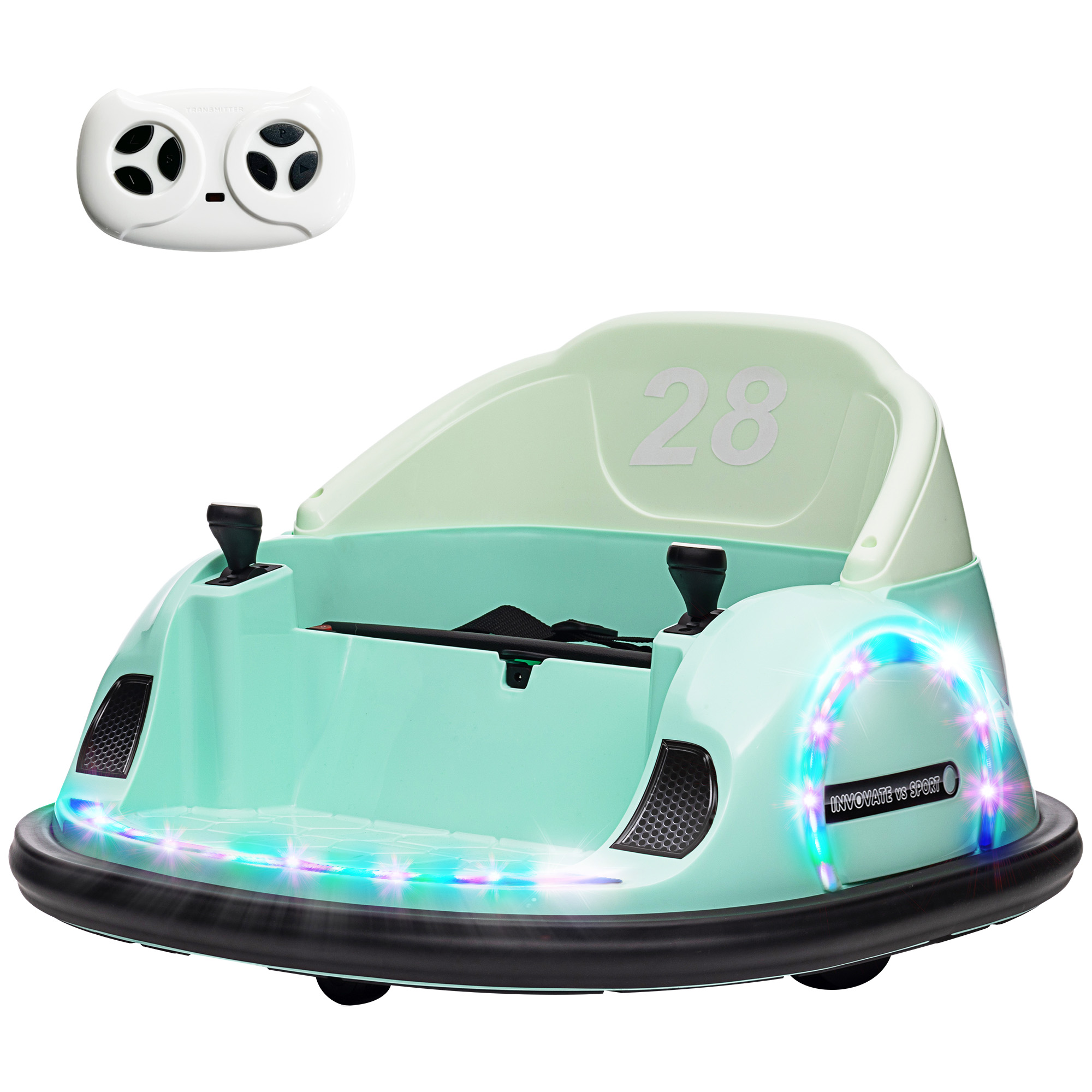 Autoscooter, 360° Rotation, 2 km/h Geschwindigkeit, Sicherheitsgurt, LED-Lichter, Musik und Hupe, Grün