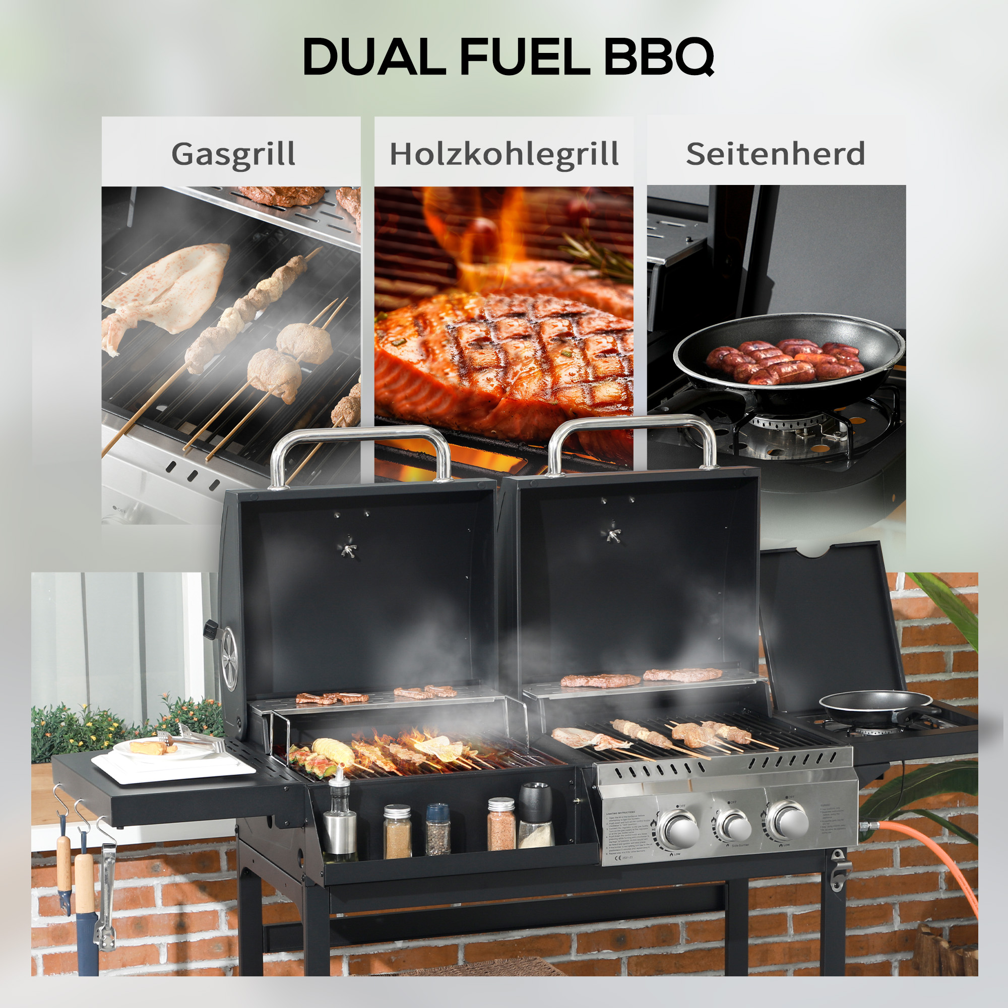 Gasgrill BBQ-Grill, inkl. Thermometer, Warmhalteplatten, 161 x 54 x 103 cm, Schwarz + Silber
