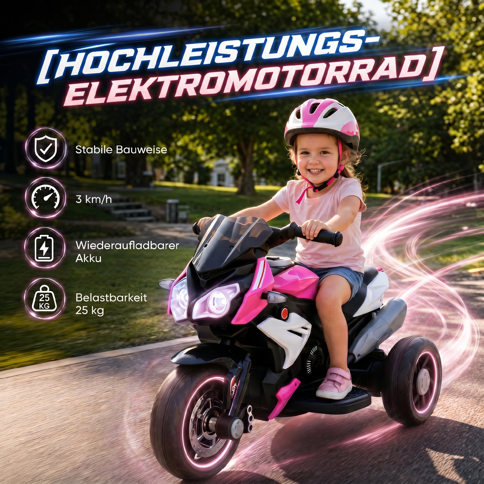 Elektro-Kindermotorrad, Lichter & Geräusche, 3 km/h, wiederaufladbar, Kunststoff & Metall, Rosa/Weiß