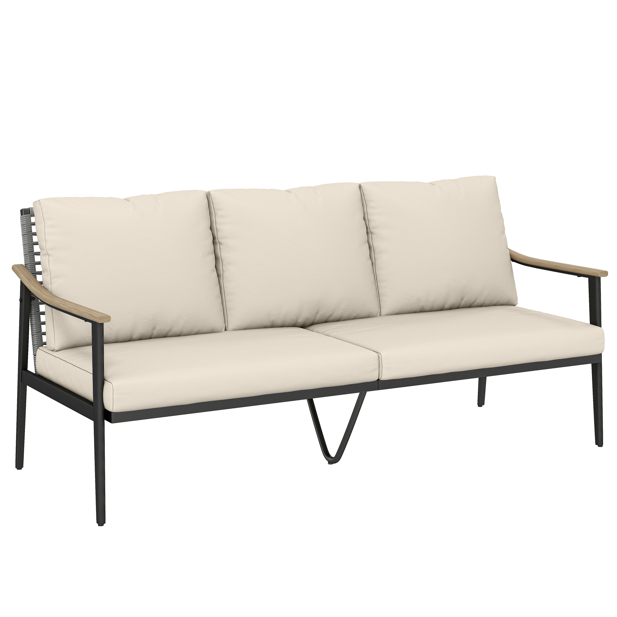 Gartensofa 3-Sitzer Rattan Loungesofa mit abnehmbar Kissen Holzoptik-Armlehnen Stahlrahmen Khaki