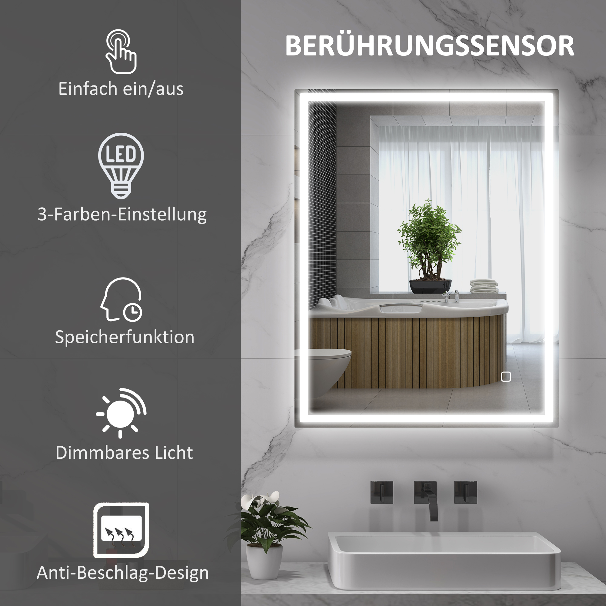 Badspiegel mit Beleuchtung 90x70 cm LED Spiegel Wandspiegel mit Memory-Funktion 3 Lichtfarben Silber