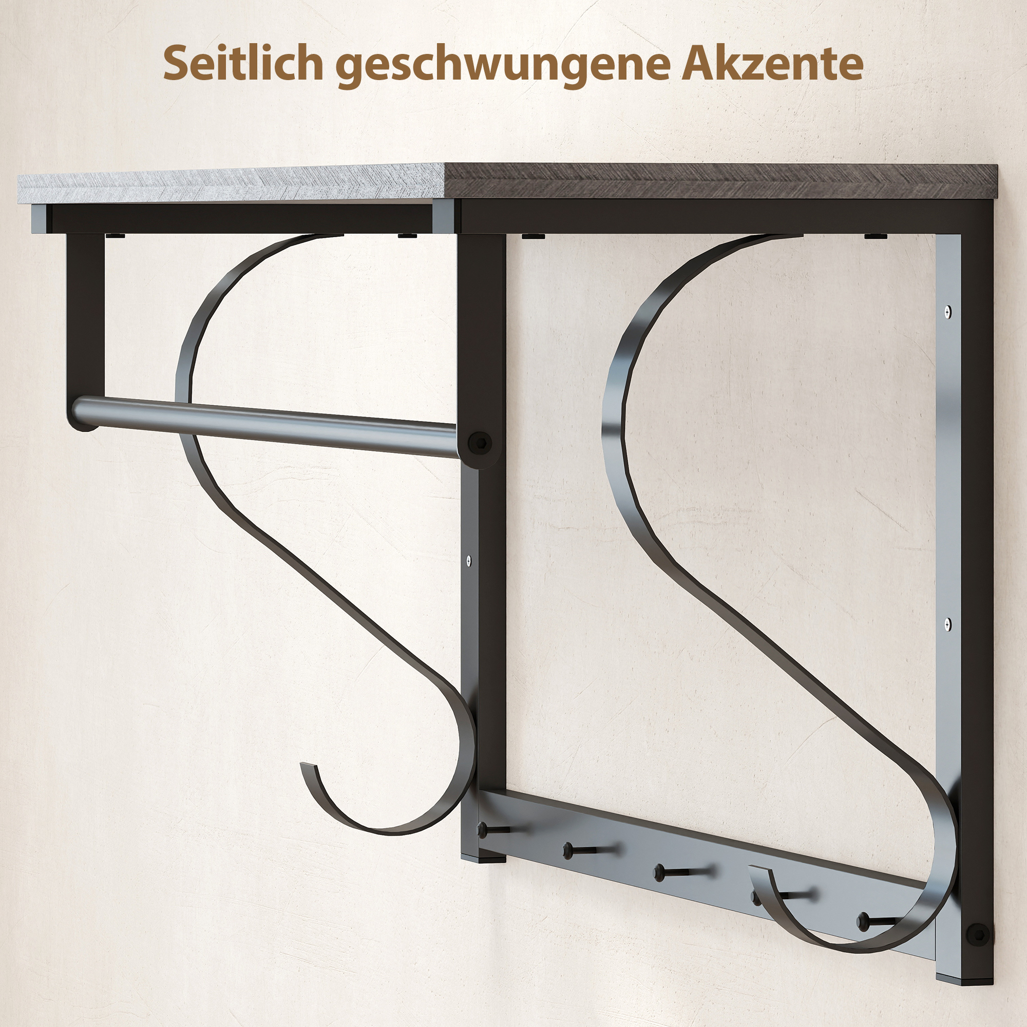 Wandmontierter Kleiderständer, Kleiderhaken, 5 Haken, oberes Fach, vielseitig, Grau