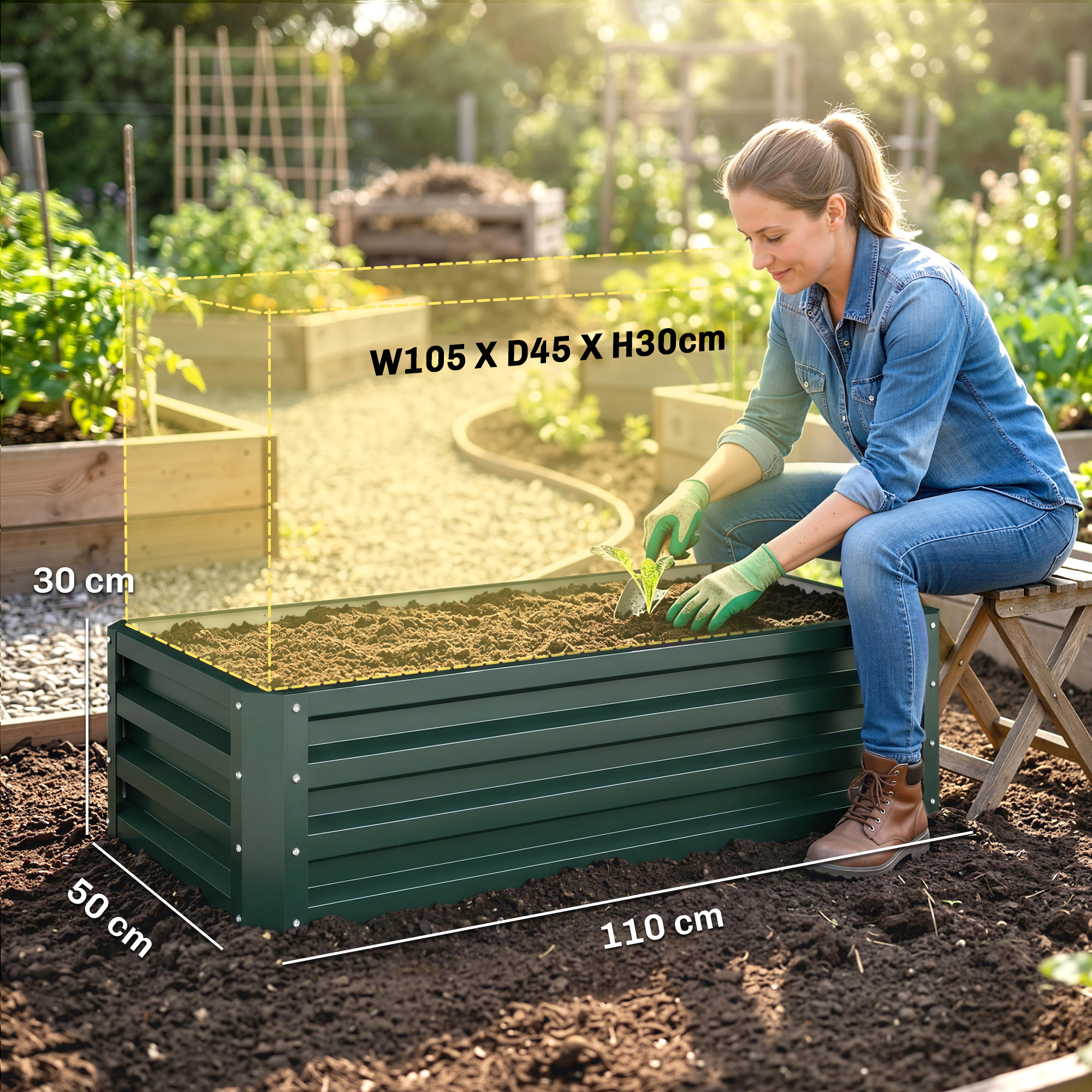 Hochbeet Metall 2er-Set, Offener Boden, Für Garten Balkon, 110x50x30cm, Grün