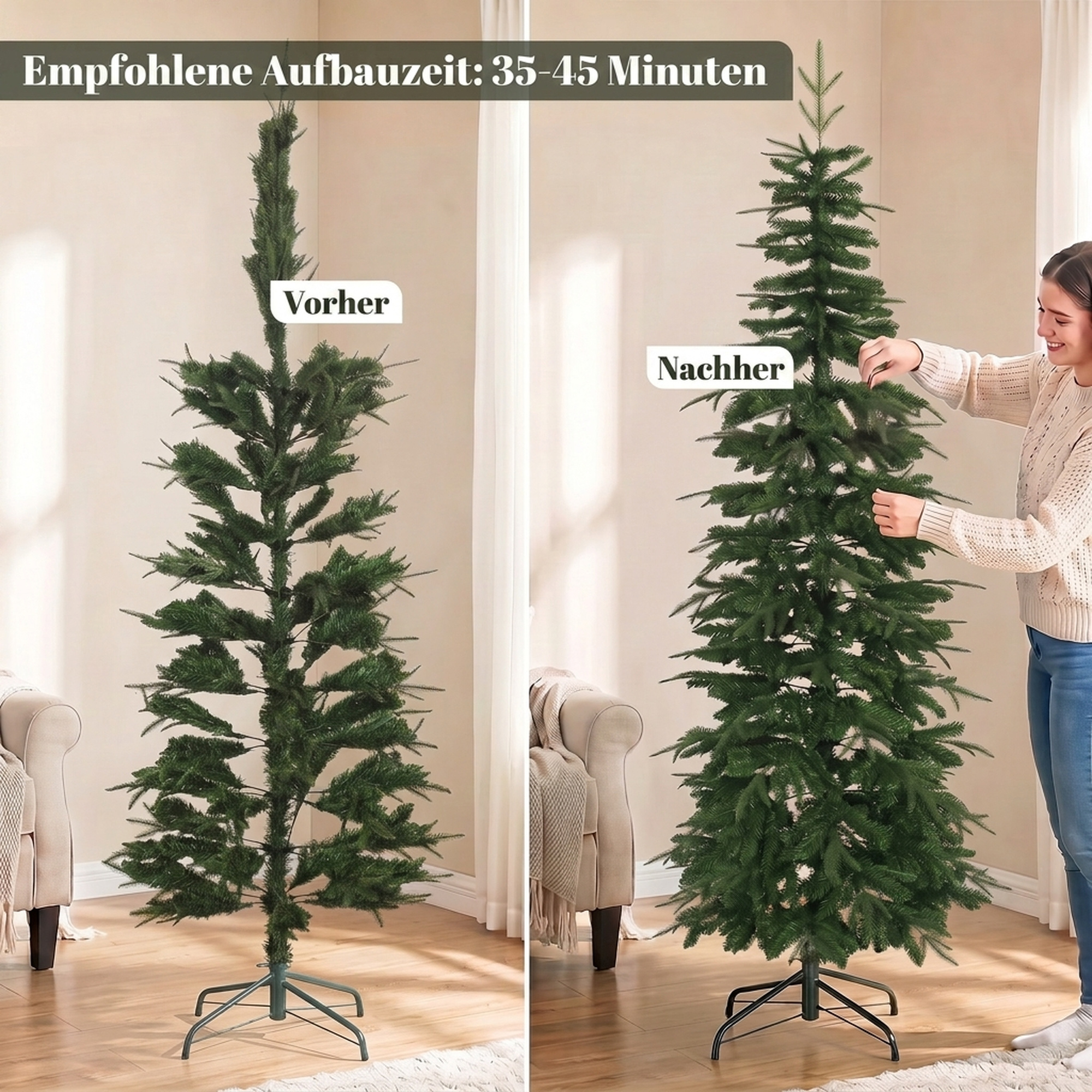 künstlicher Weihnachtsbaum 210 cm, Fichte mit Scharnierästen, 800 Astspitzen, klappbarer Stahlständer, Grün