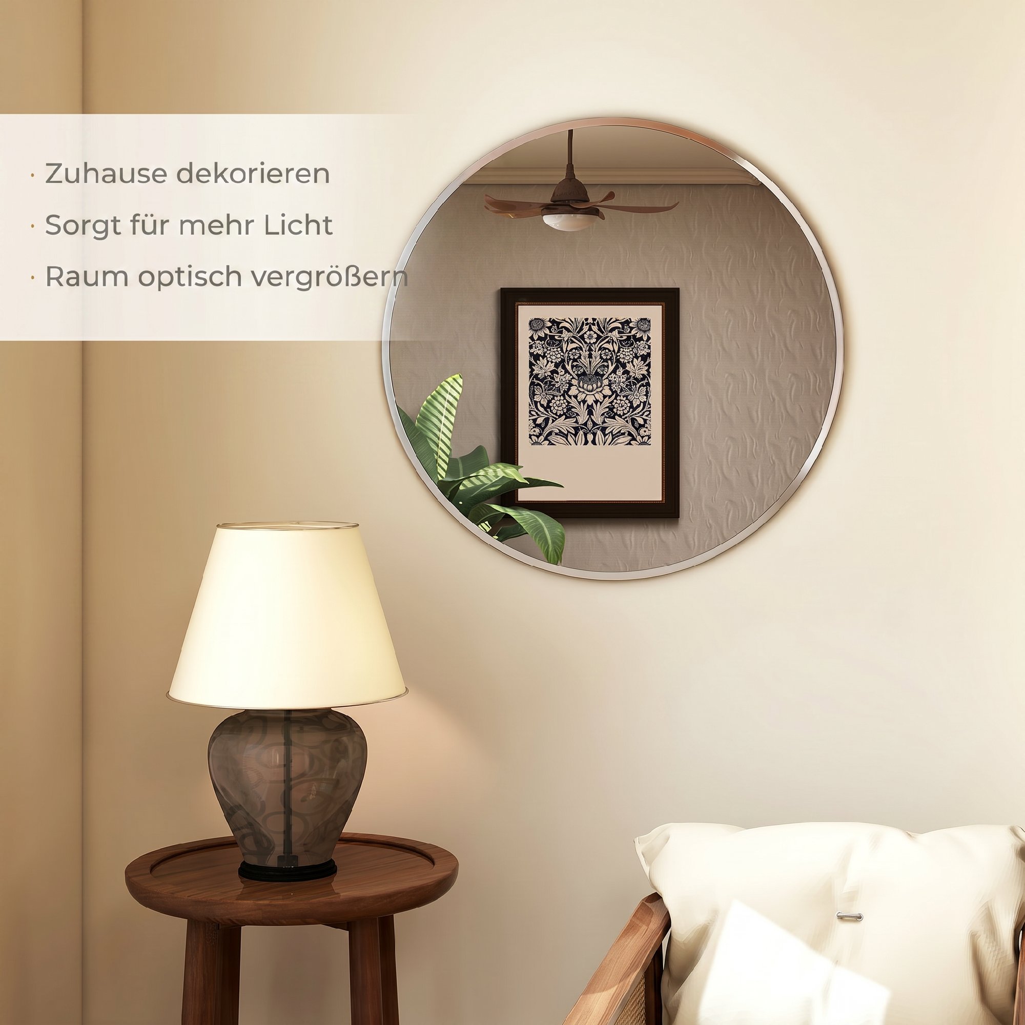 Wandspiegel, modernes Design, 61 x 61 cm, Silber