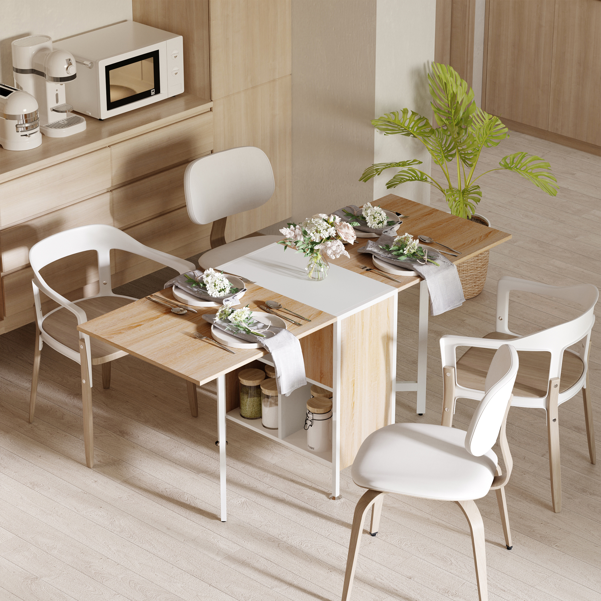Klapptisch Esstisch Beistelltische Ablagefläche für Wohnzimmer Küche Eiche Holz Metallrahmen Natur+Weiß 169 x 60 x 75 cm