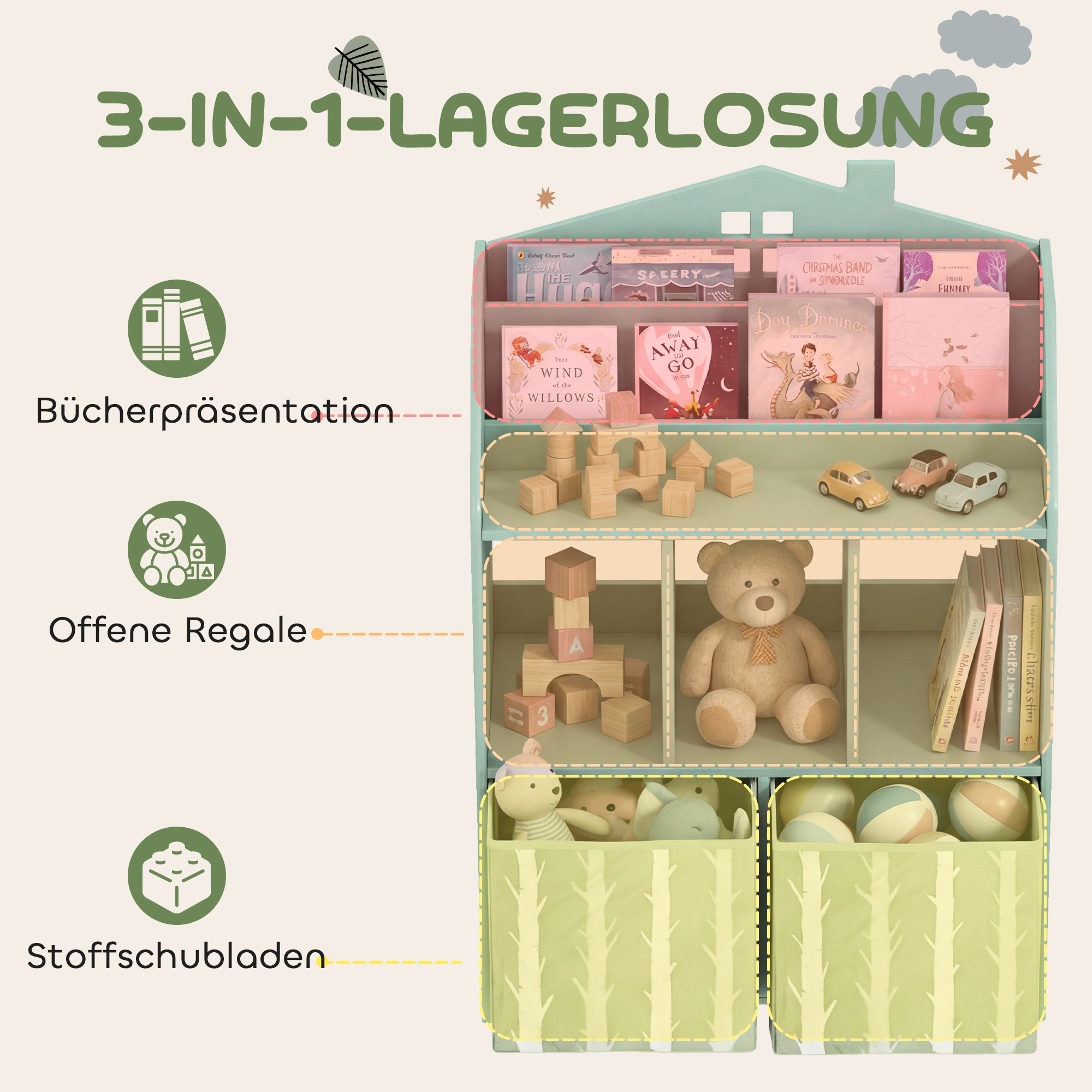 Kinderregal Bücherregal Kinder mit 2 Stoffschubladen offen Regal für 3-8 Jahre 62,5x30x91,5 cm Grün