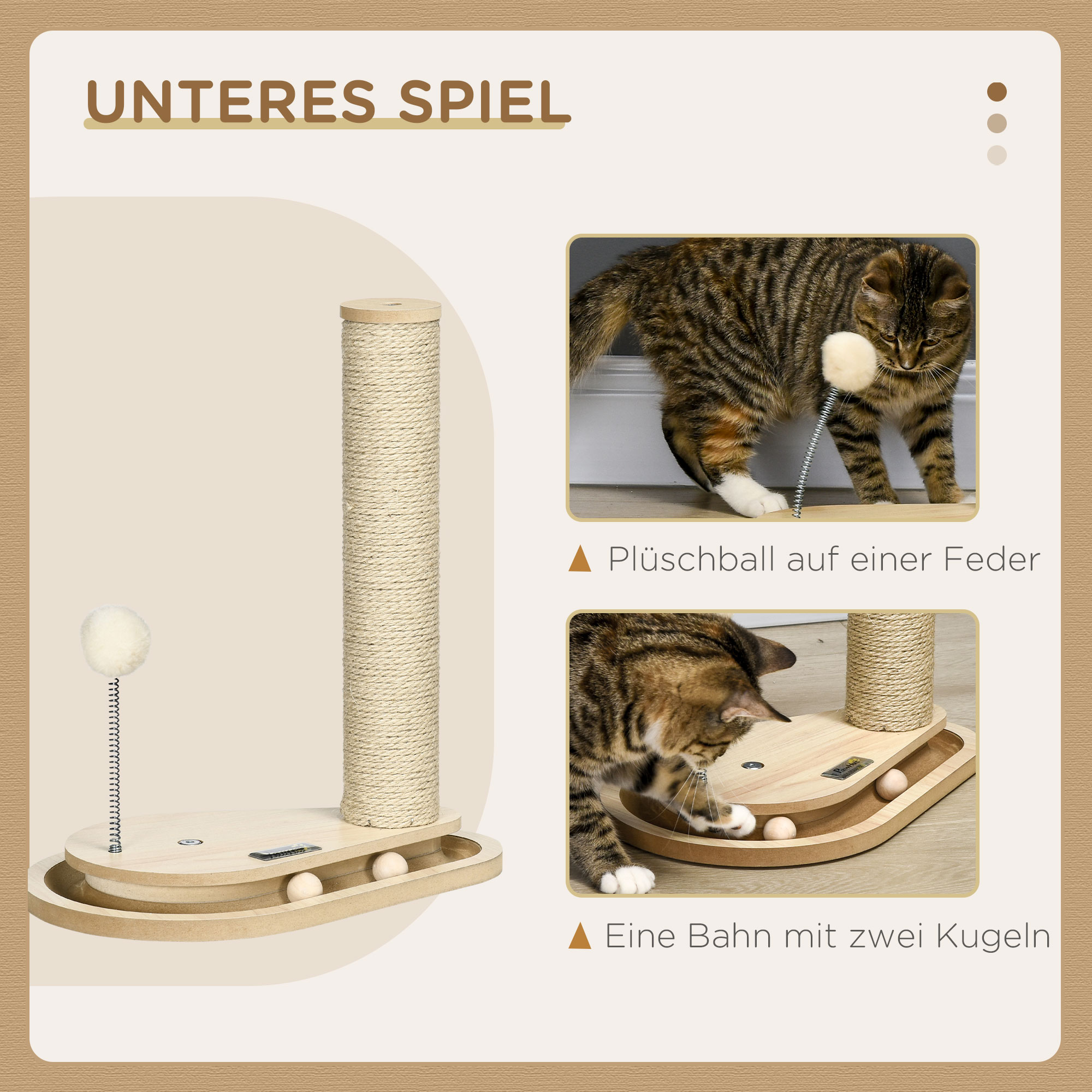Kratzbaum für Kitten inkl. Spielzeug, Kugelbahn, Kugel mit Feder, 35 cm x 23 cm x 40 cm, Natur