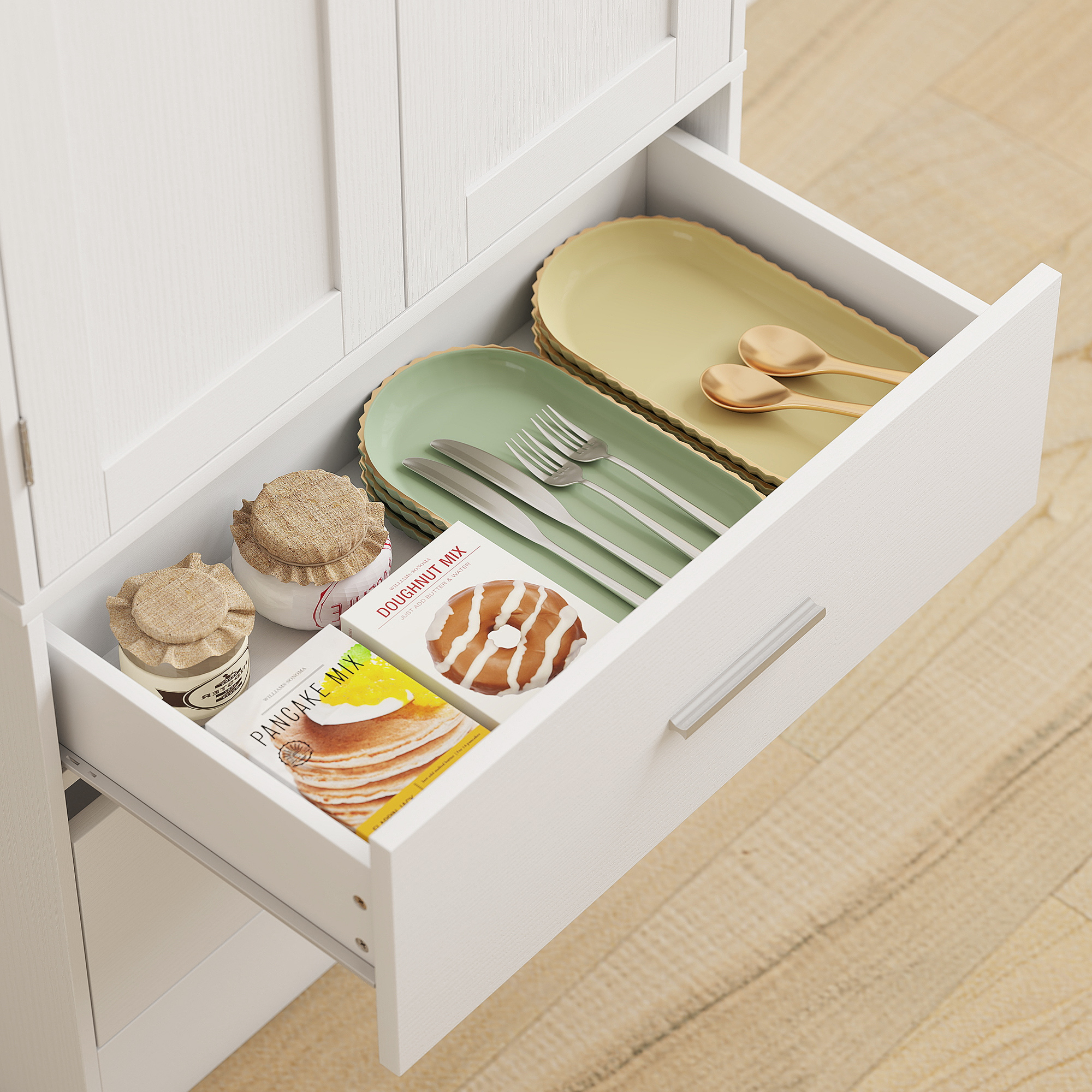 159 cm Küchenschrank, verstellbare Regale, 2 Schublade, für Küche, Esszimmer, Spanplatte, MDF, Weiß