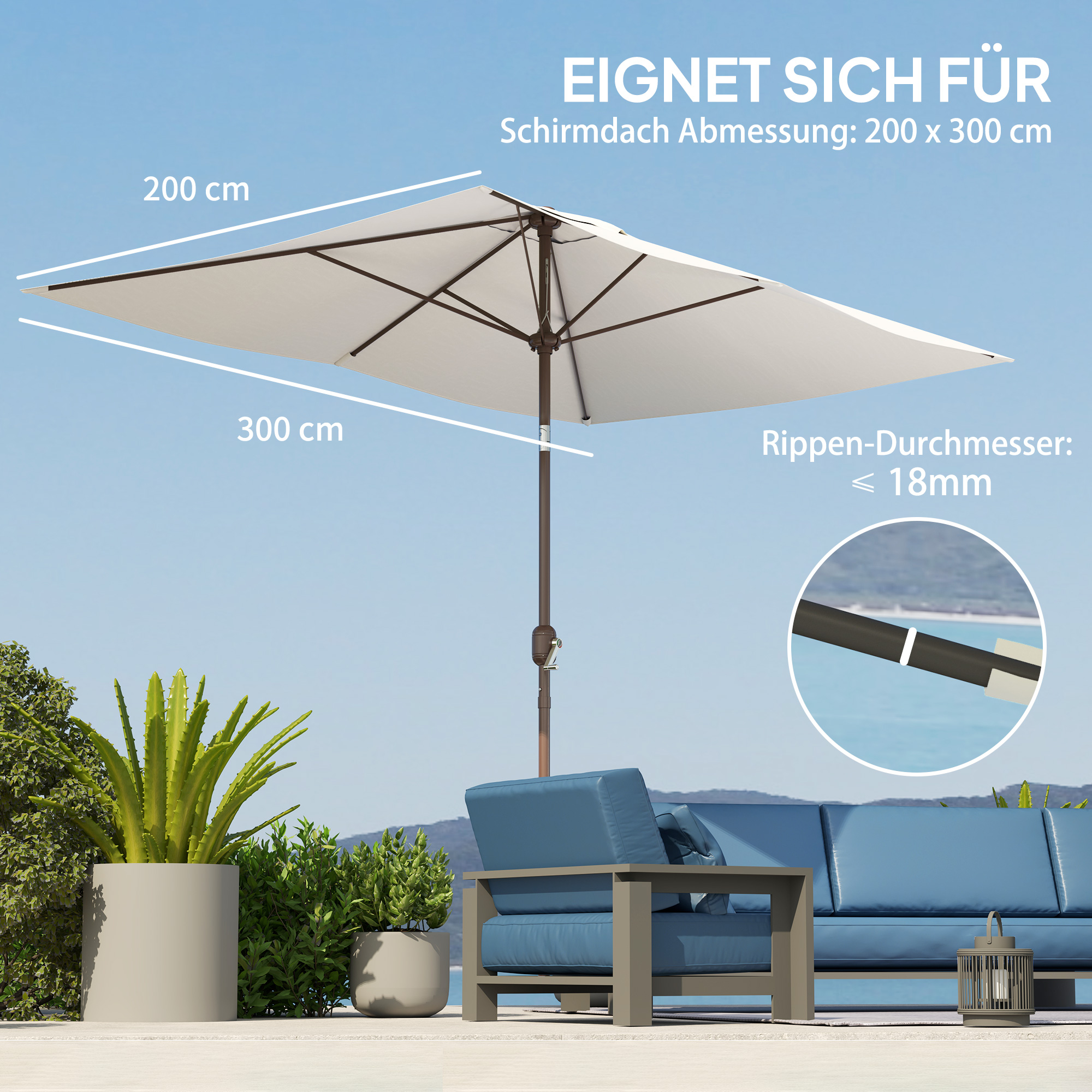 Sonnenschirm Ersatzbezug 2 x 3 m 6 Streben UV50+ & Wasserdicht Terrassenschirm Bespannung
