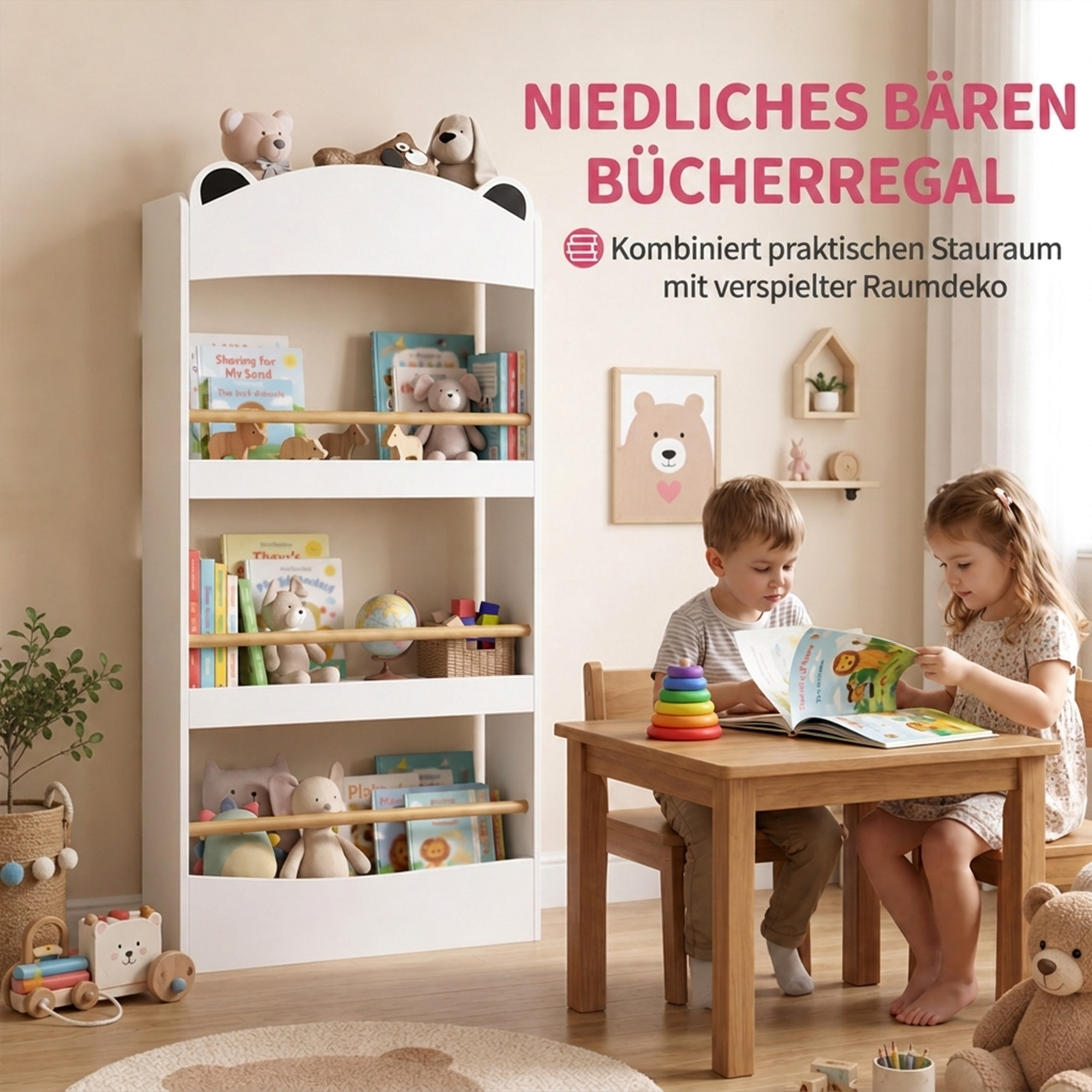 Bücherregal Kinder, Wandmontiert Kinderregal mit 4 Ebenen, Wandregal mit bärenförmige Design, 50 x 15 x 97 cm Weiß